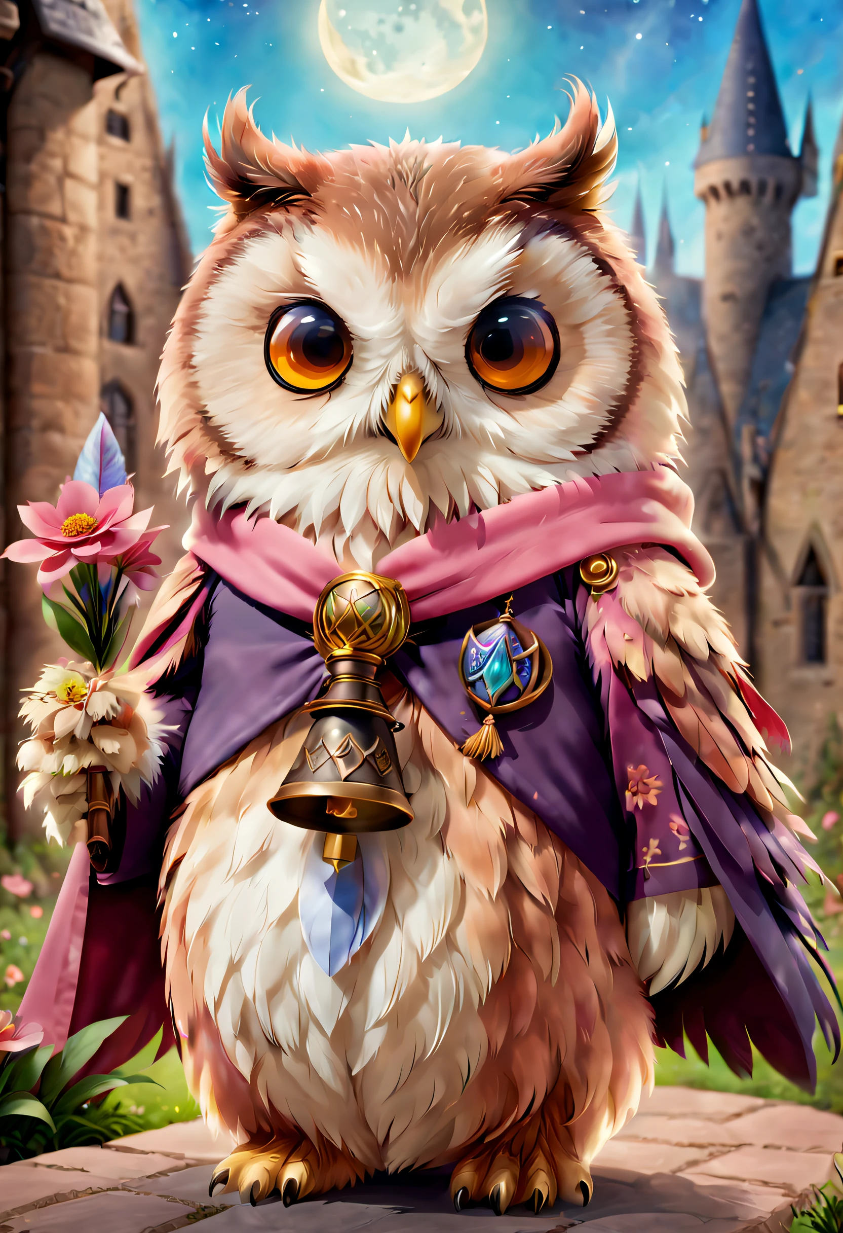 A mysterious owl at Hogwarts School of Witchcraft and Wizardry，Wearing a mage's robes，Wearing a pointed spoke，Teaching with a wand，Full of aura，Chubby cute，Tall body，pink back ground，fresh flowers，vases，dream magical，Open-mouthed，ssmile，yang08k,，Furry art，elokitty，Disney's Owl，disney stylized furry，Ear floating，Fluffy feathers，Fluffy，themoon，a owl in party Animals style