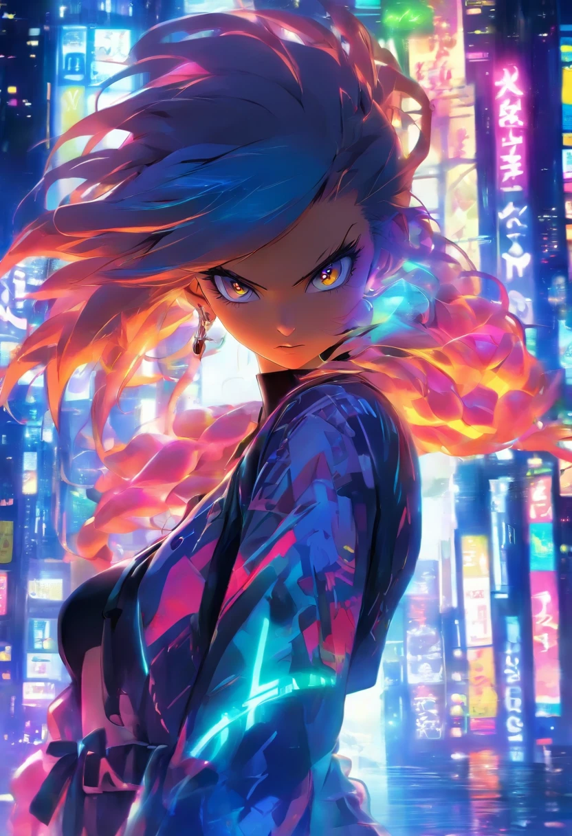sportrait, 1 girl, Beautiful face, Asymmetrical hair, multicolored hair, belt, tightsuit, The mouth is covered, Navel covering, Characteristic sleeves, With gray eyes, Hip wind, Open jacket, fisherman, looki at viewer, of the night city, Neon light, Sateen,