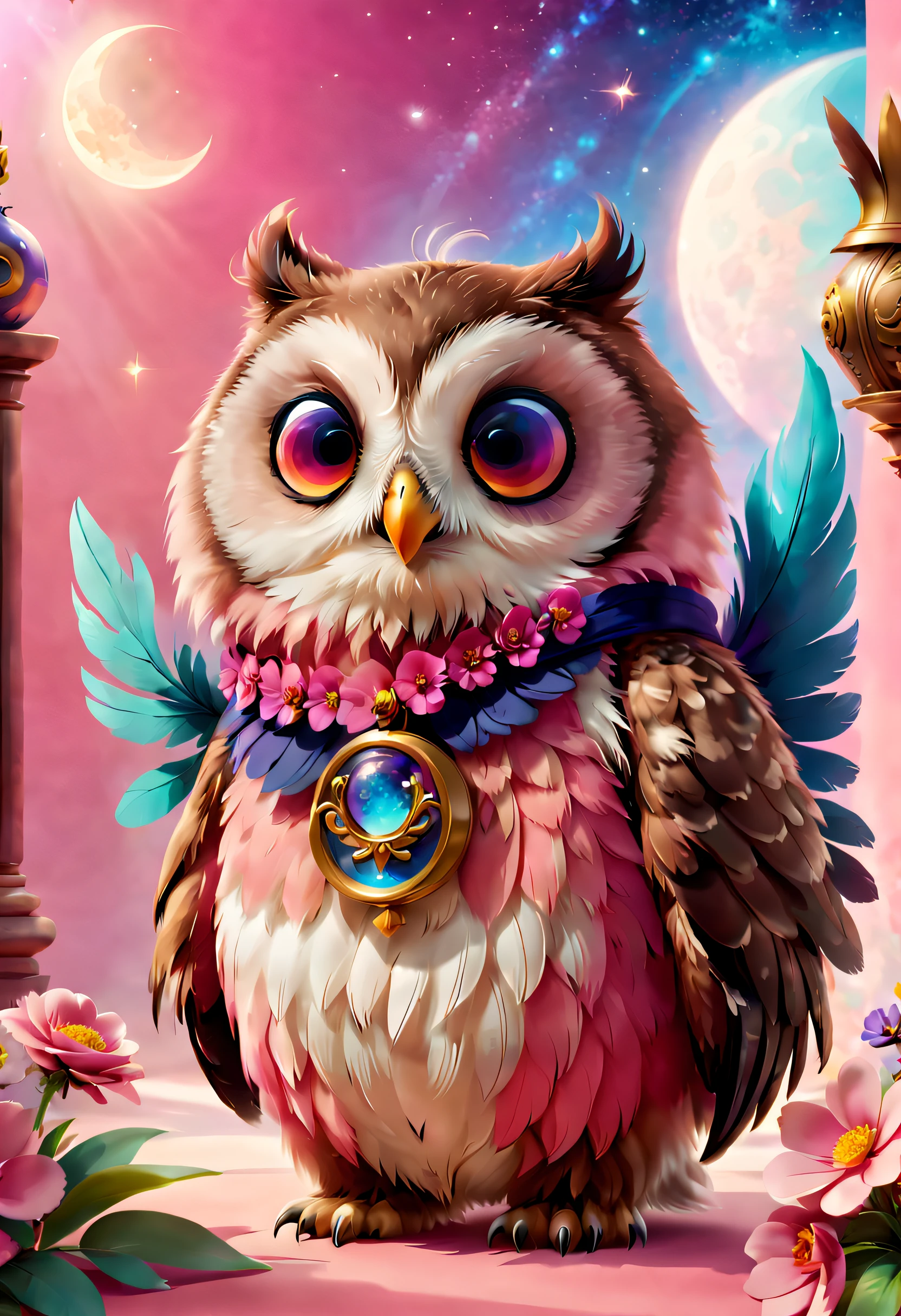 A mysterious owl in a magic school,Full of aura,Chubby cute,Tall body,pink back ground,fresh flowers,vases,dream magical,Open-mouthed,ssmile,yang08k,,Furry art,elokitty,Disney's Owl,disney stylized furry,Ear floating,Fluffy feathers,Fluffy,themoon,a owl in party Animals style