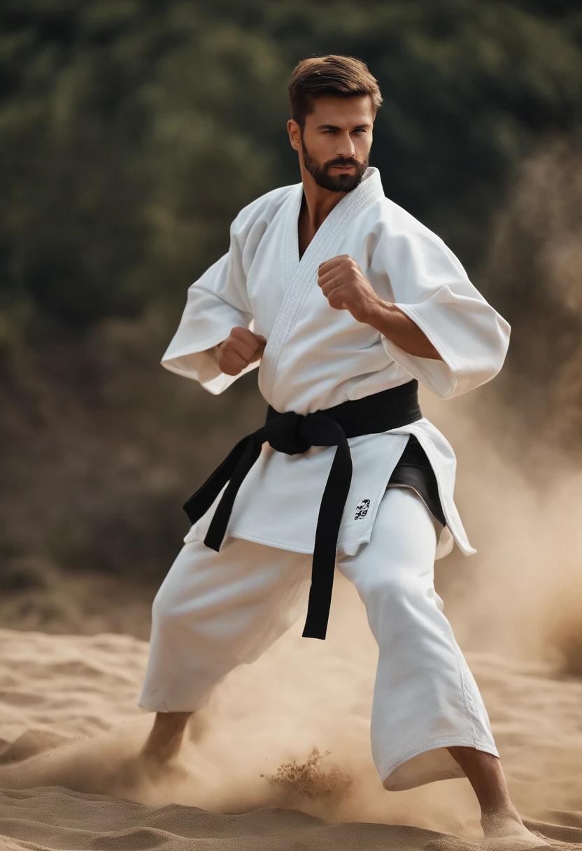 (best quality,4k,Alto),circunstanciado,fotorrealista,Karate Training,(Homem)personagem masculino de desenho animado,Medium tied hair(coque),barba preta,artes marciais,fundo do dojo,passionate expression,socos e chutes fortes,olhos focados,Flexible body movements,Energy posture,equipamento de treino,(intense action,action-packed,excitante:1.1),dinamic poses,Varied fighting techniques,respiratory control,energia positiva,Colorful and vibrant aesthetics,Estilo de arte estilizado,sharp and vivid colors,Contrasting lighting.