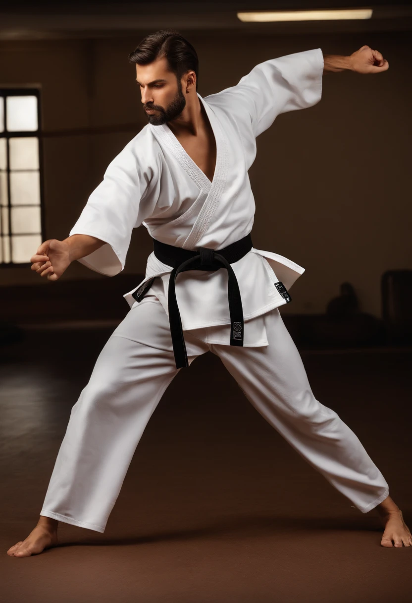 Empty-handed home,Detailed movements,athlete,fluid and powerful body,Wearing traditional karate gi,Black belt,Deep Focus,Master of martial arts