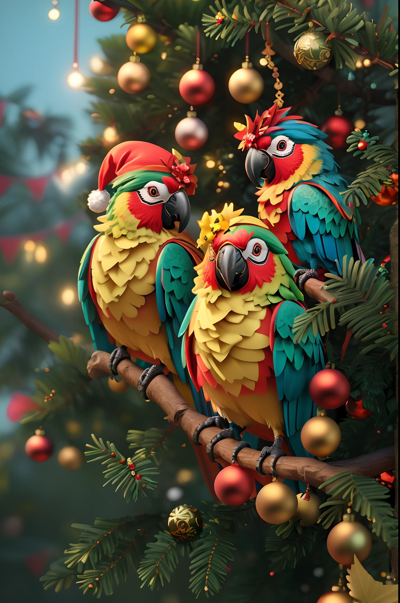 there are two colorful birds sitting on a branch of a tree, parrots, trend on behance 3d art, trend on behance 3 d art, trending on polycount, highly detailed digital artwork, very ornamented, christmas, highly detailed digital art, ultra realistic 3d illustration, a hyper realistic, detailed digital 3d art, tropical birds