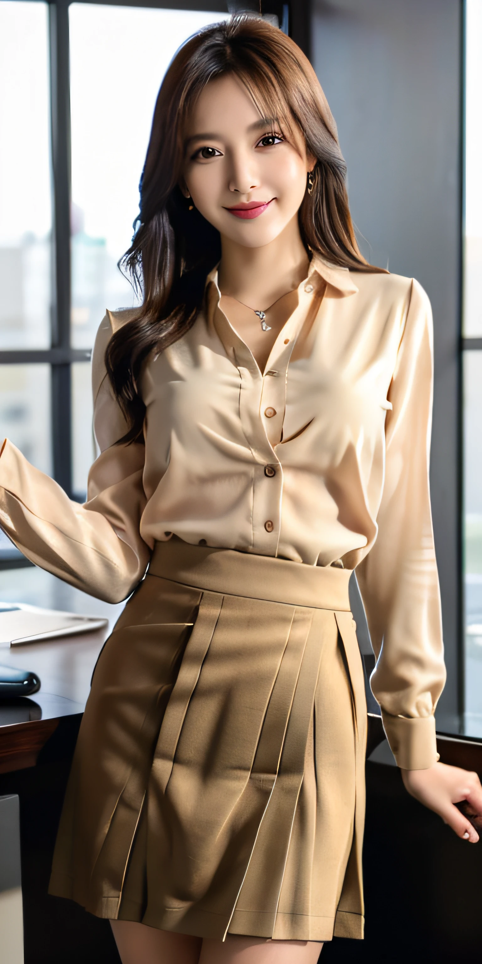 Photorealistic:1.3, masutepiece, Best Quality, ((1 beautiful woman)), ((Brown-colored super long hair:1.2)),japanes, Office Worker, He is smiling with his mouth slightly open, Slender Abs, medium chest, In a brown blouse, Gold Necklace, ((Brown mini pleated skirt:1.2)), ((In the office)), Beautiful long legs, (Full body), ((FULL BODYSHOT)),Beautiful face, Beautiful eyes, Detailed face, Detailed eyes, in a office, 8K resolution、FULL BODYSHOT