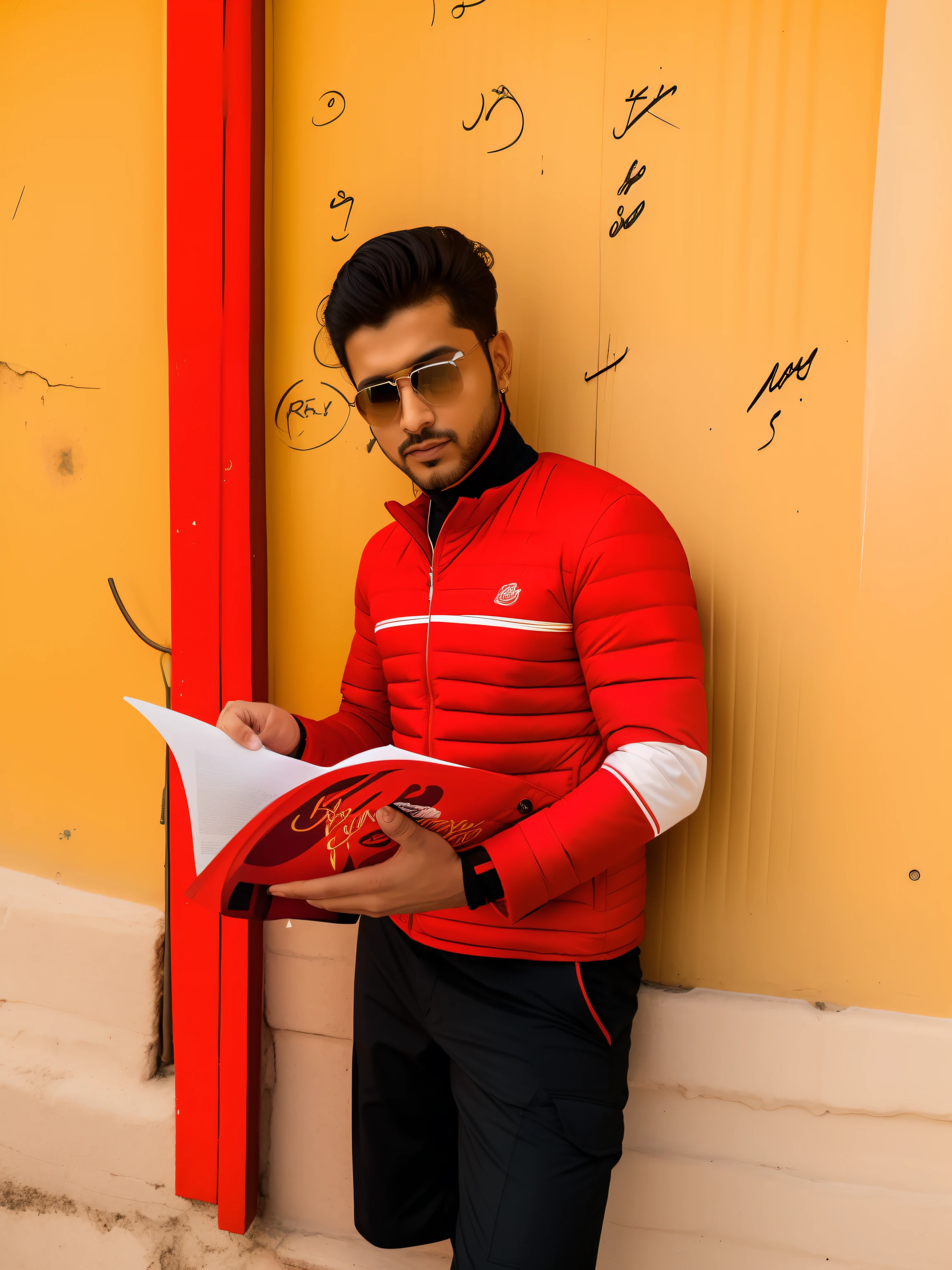 there is a man wearing sunglasses and a red jacket posing for a picture, khyzyl saleem, ash thorp khyzyl saleem, mohamed chahin, sayem reza, raden saleh, enes dirig, riyahd cassiem, mohamed chahin style, portait photo profile picture, with a cool pose, inspired by Kailash Chandra Meher