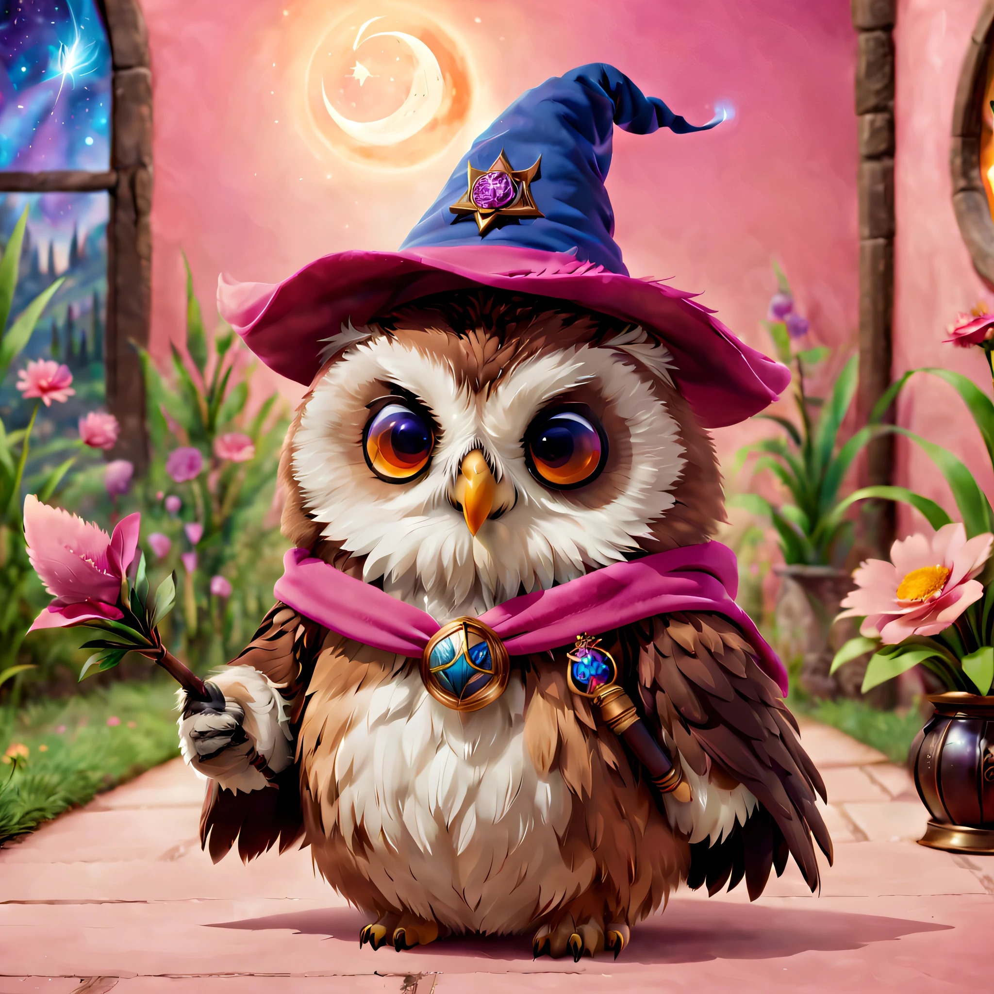 A mysterious owl at Hogwarts School of Witchcraft and Wizardry,Wearing a mage's robes,Wearing a pointed hat,Teaching with a wand,Full of magic and aura,Chubby cute,pink back ground,fresh flowers,vases,dream magical,Open-mouthed,ssmile,Furry art,elokitty,Disney's Owl,disney stylized furry,Ear floating,Fluffy feathers,Fluffy,themoon,a owl in party Animals style
