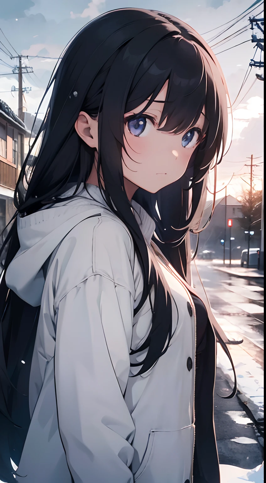 Generate an image of 1girl, long hair, who appears melancholic and sad but also sympathetic and transient in her expression, the environment is covered in snow and skies are clouded, winter season, absurdres, high res, ultrasharp, 8K, masterpiece, Looking at viewer