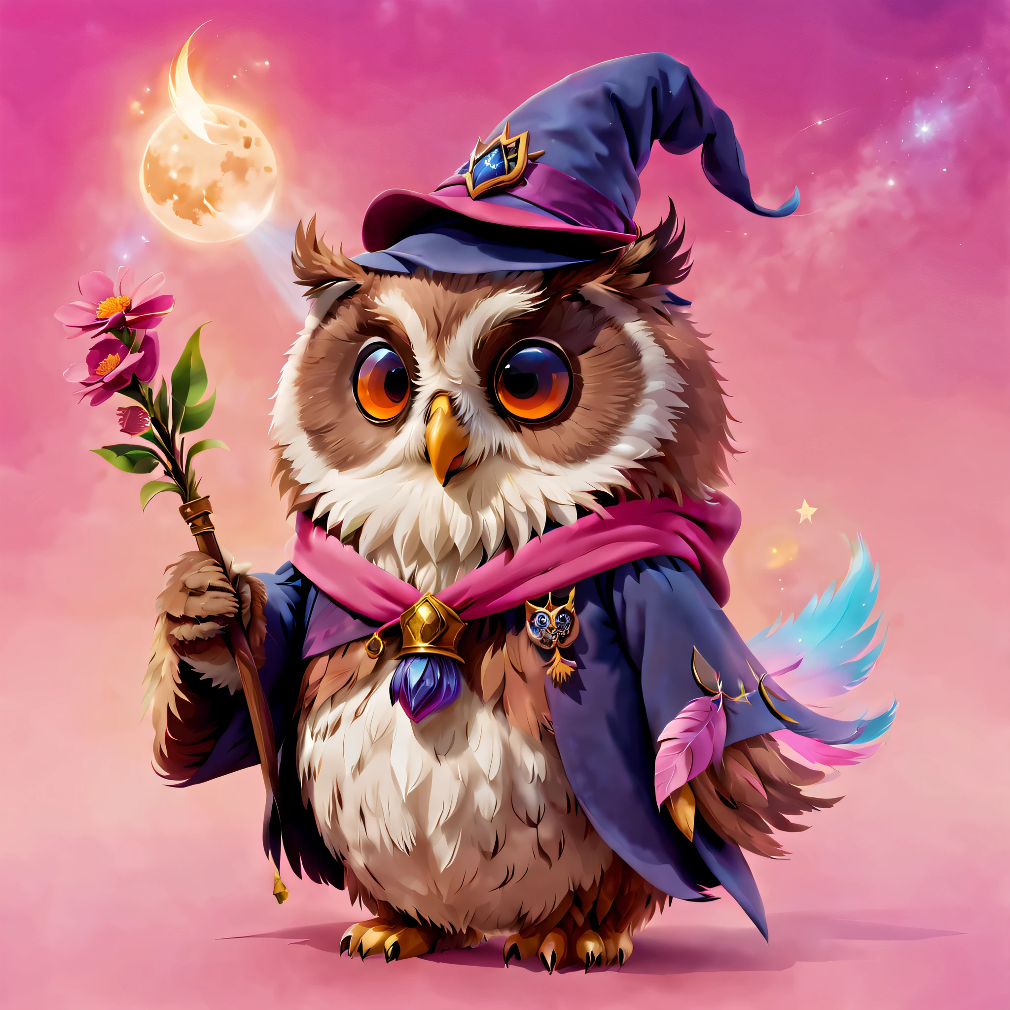 A mysterious owl at Hogwarts School of Witchcraft and Wizardry，Wearing a mage's robes，Wearing a pointed hat，Teaching with a wand，Full of magic and aura，Chubby cute，pink back ground，fresh flowers，vases，dream magical，Open-mouthed，ssmile，Furry art，elokitty，Disney's Owl，disney stylized furry，Ear floating，Fluffy feathers，Fluffy，themoon，a owl in party Animals style