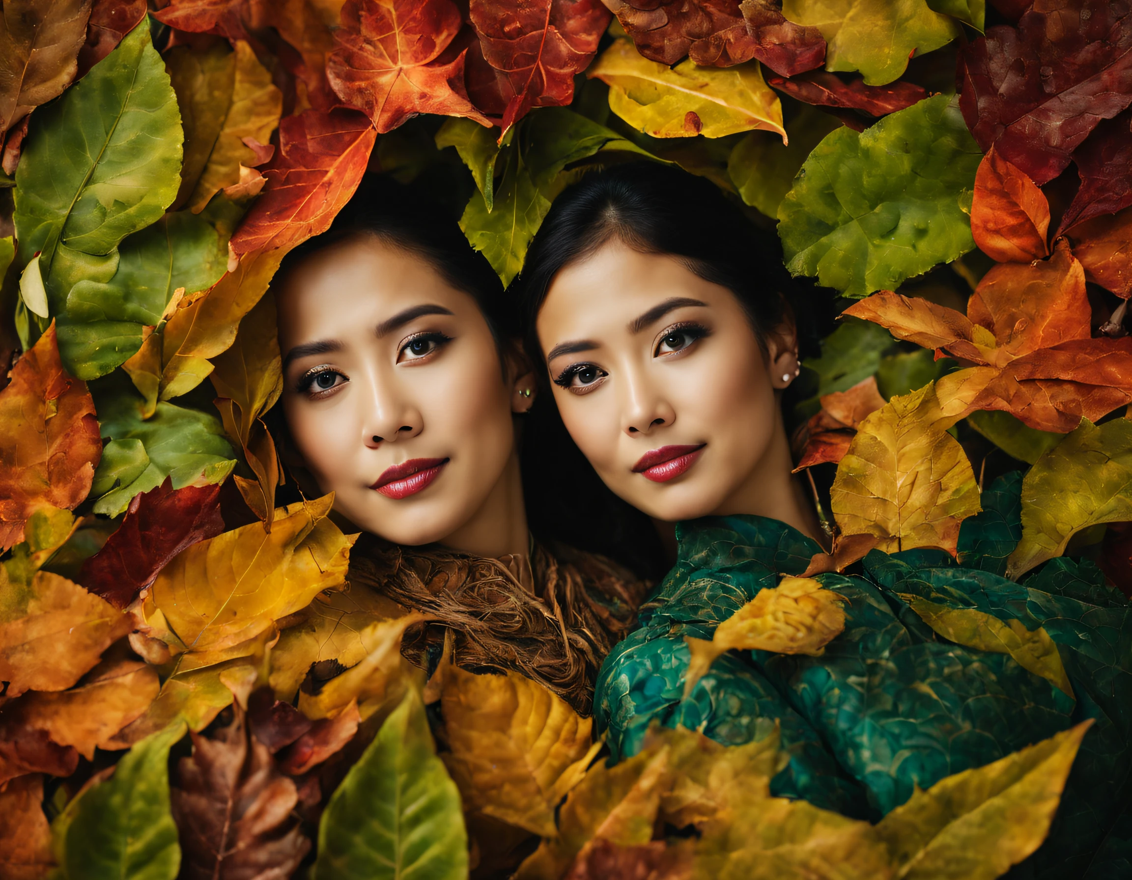 pre-wedding photos of Indonesian couples (masterpieces, best quality), seamlessly combining the bright personalities of the male and female couple with the natural beauty of the foliage. As they pose interestingly through (a kaleidoscope of colors and patterns), the leaves respond, reflecting their movements with stunning fractal designs, high resolution detail, BiophyllTech, taken with Nikon Z6 mark ii, 35mm lens in f1.4 aperture, real photo studio concept, professional lighting, clouds, roots, leaves,