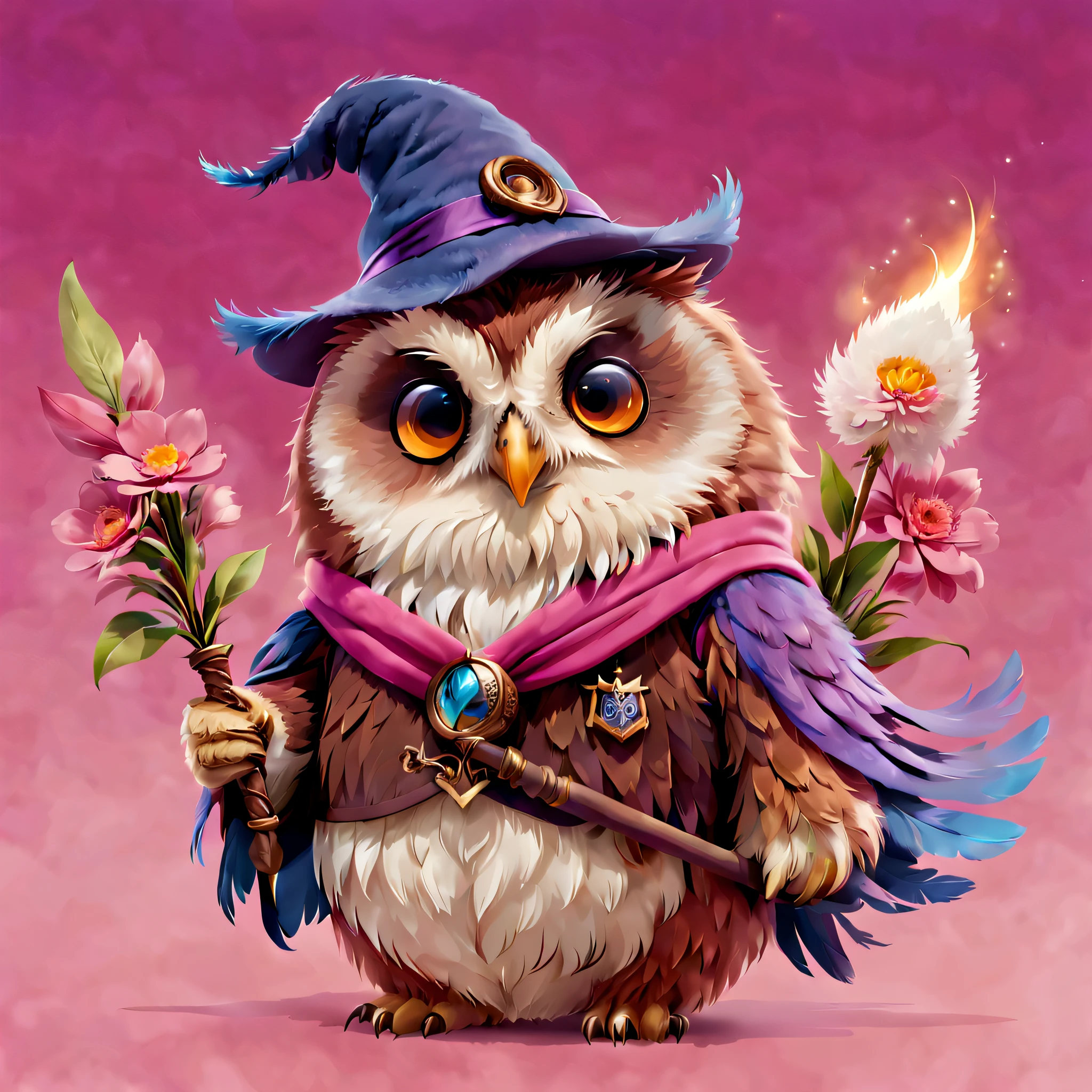 A mysterious owl at Hogwarts School of Witchcraft and Wizardry,Wearing a mage's robes,Wearing a pointed hat,Teaching with a wand,Full of magic and aura,Chubby cute,pink back ground,fresh flowers,vases,dream magical,Open-mouthed,ssmile,Furry art,elokitty,Disney's Owl,disney stylized furry,Ear floating,Fluffy feathers,Fluffy,themoon,a owl in party Animals style