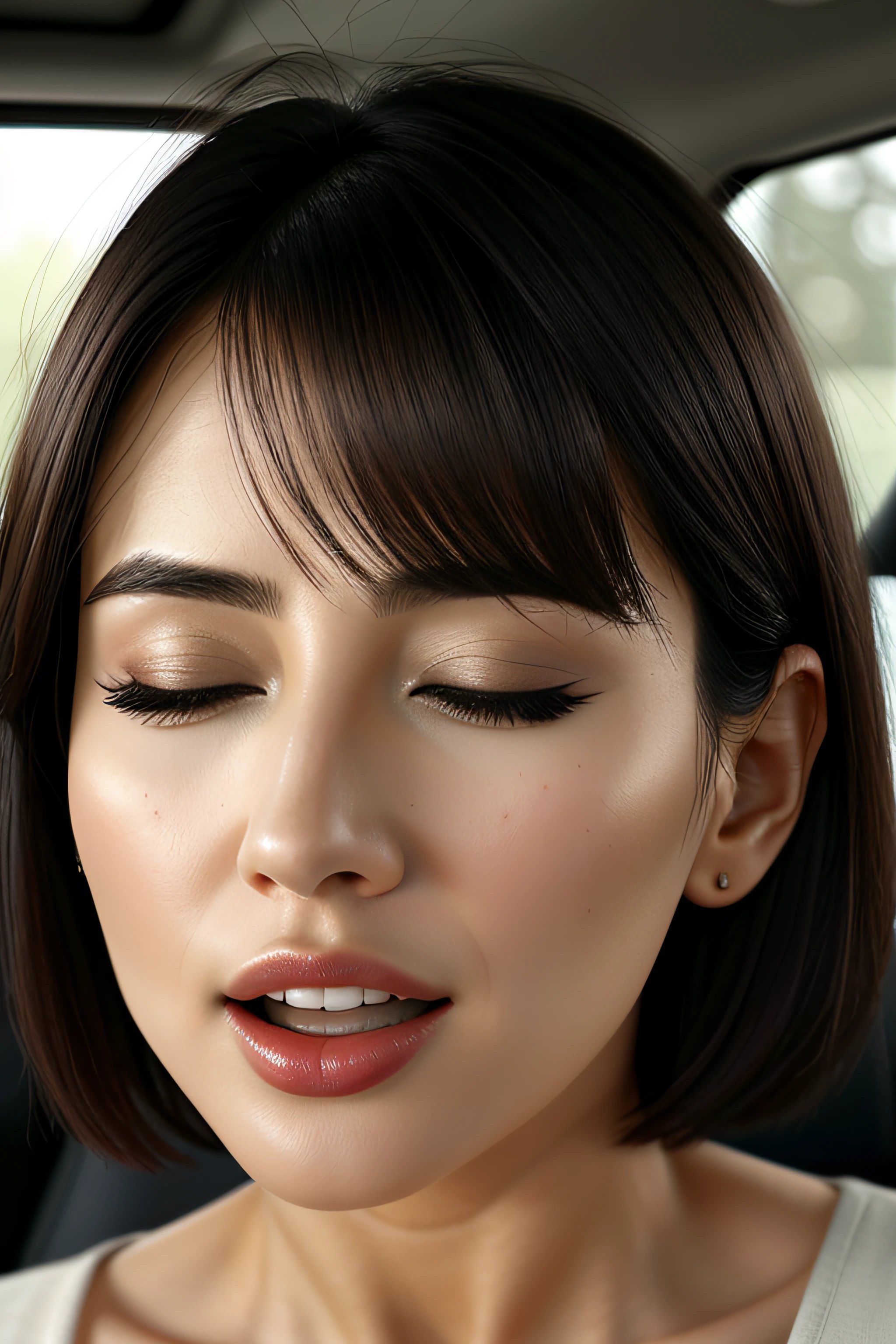 masutepiece,,award - winning photo, Extremely detailed, edgOrgasm,Face Focus, (Woman with mouth open and eyes closed ), 18year old、A dark-haired、CNN News Anchor、Glossy skin、inside of a car、Close-up of face,frombelow、Realistic nostrils、NSFW,short cut hair、