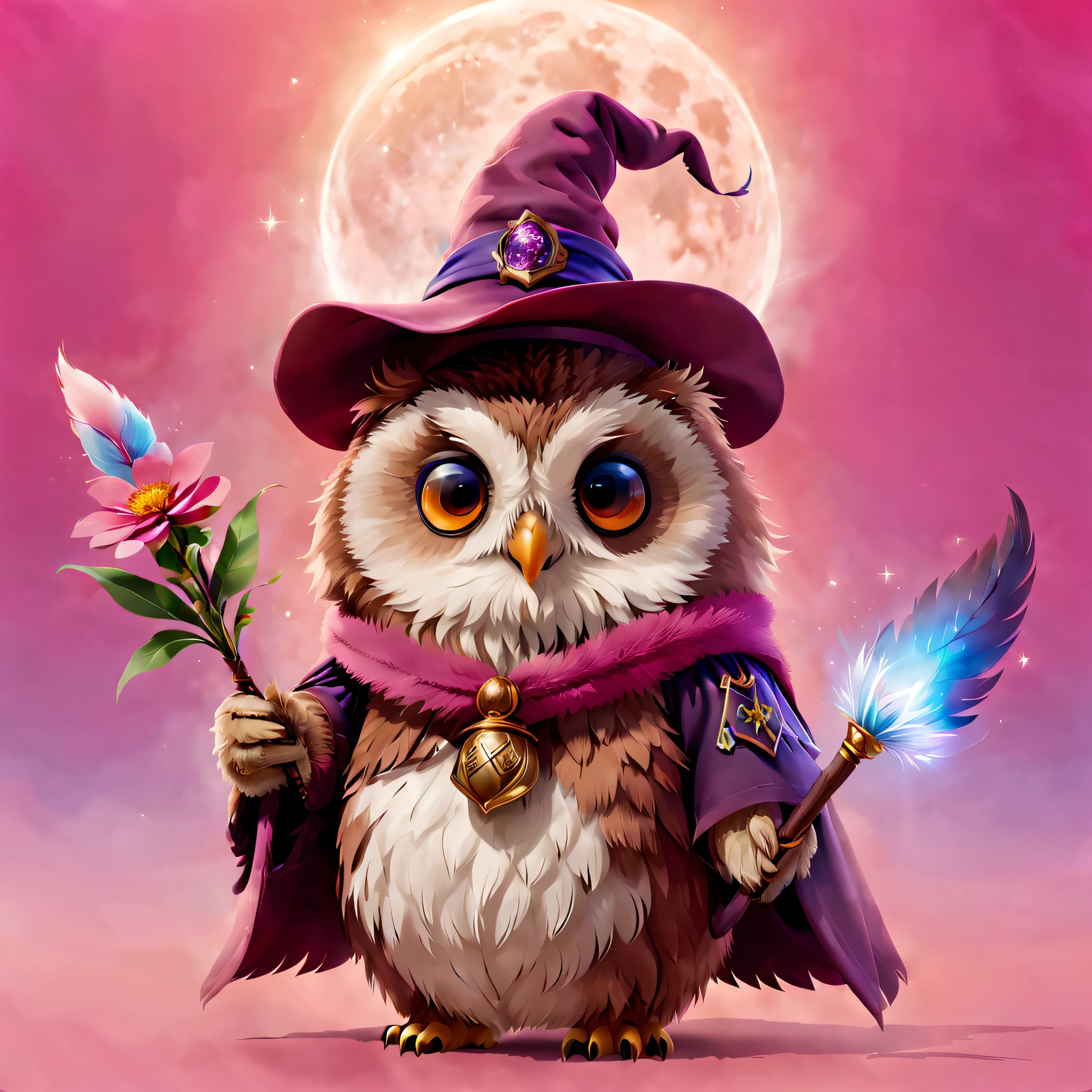 A mysterious owl at Hogwarts School of Witchcraft and Wizardry，Wearing a mage's robes，Wearing a pointed hat，Teaching with a wand，Full of magic and aura，Chubby cute，pink back ground，fresh flowers，vases，dream magical，Open-mouthed，ssmile，Furry art，elokitty，Disney's Owl，disney stylized furry，Ear floating，Fluffy feathers，Fluffy，themoon，a owl in party Animals style