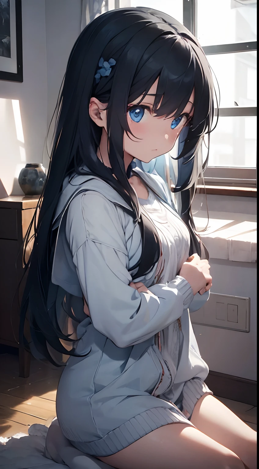 1girl, long hair, light blue eyes, who appears melancholic and sad but also sympathetic and transient in her expression, indoors living room, winter season, absurdres, high res, ultrasharp, 8K, masterpiece, Looking at viewer.