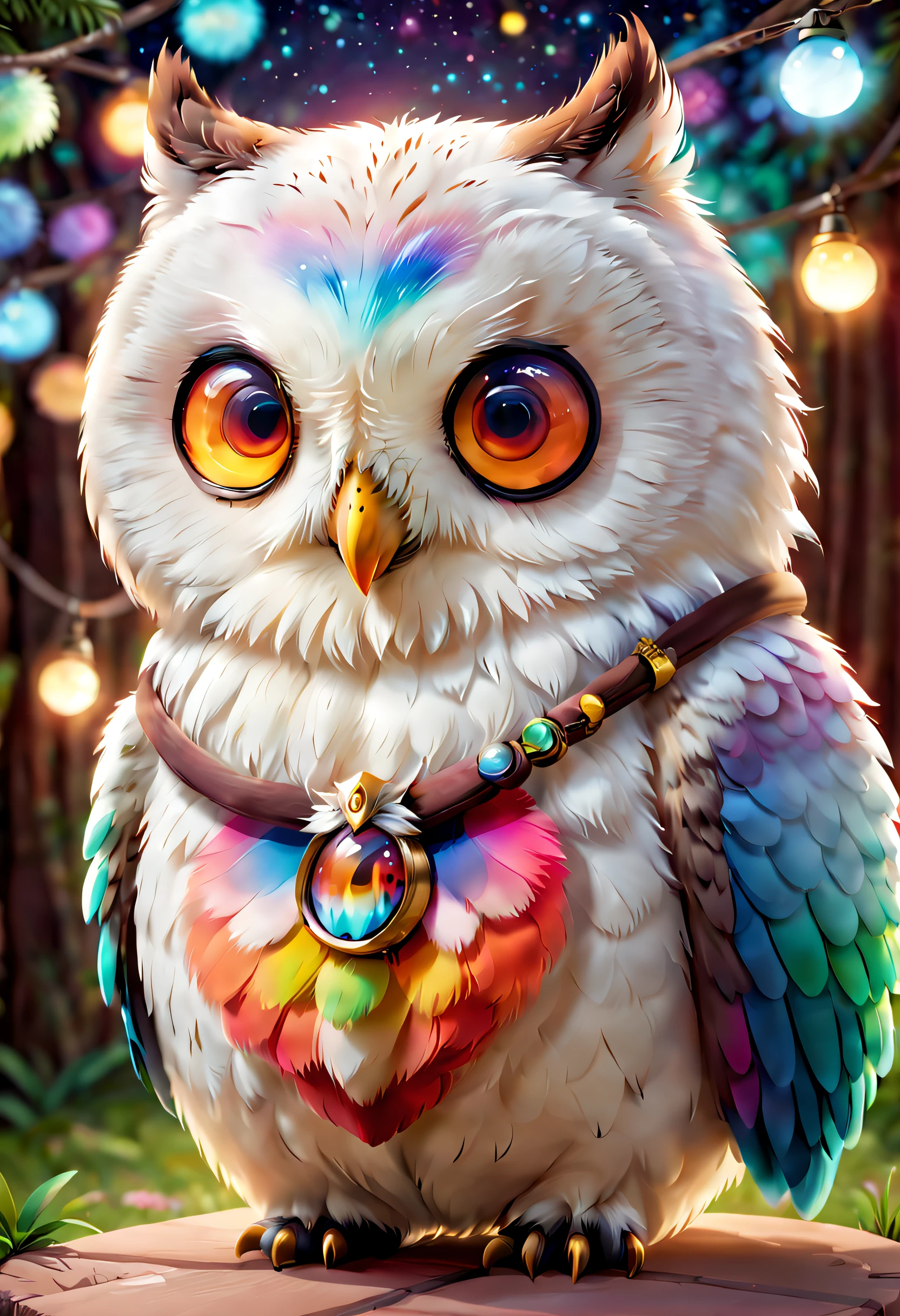 Cute white owl，with eyes of different colors，choker necklace， tchibi， Lovely and fluffy，cartoony， movie light effect， big breasts enchanting， vectorial art， Cute and quirky， Fantasyart， bokeh， handpainted， digitial painting， gentle illumination， Isometric style， 4K 分辨率， photoreal render， High level of detail clean， Vector Image， Photorealistic masterpiece， professional photoshooting， simple space background， flat white background， isometry，vibrant vector，a owl in party Animals style