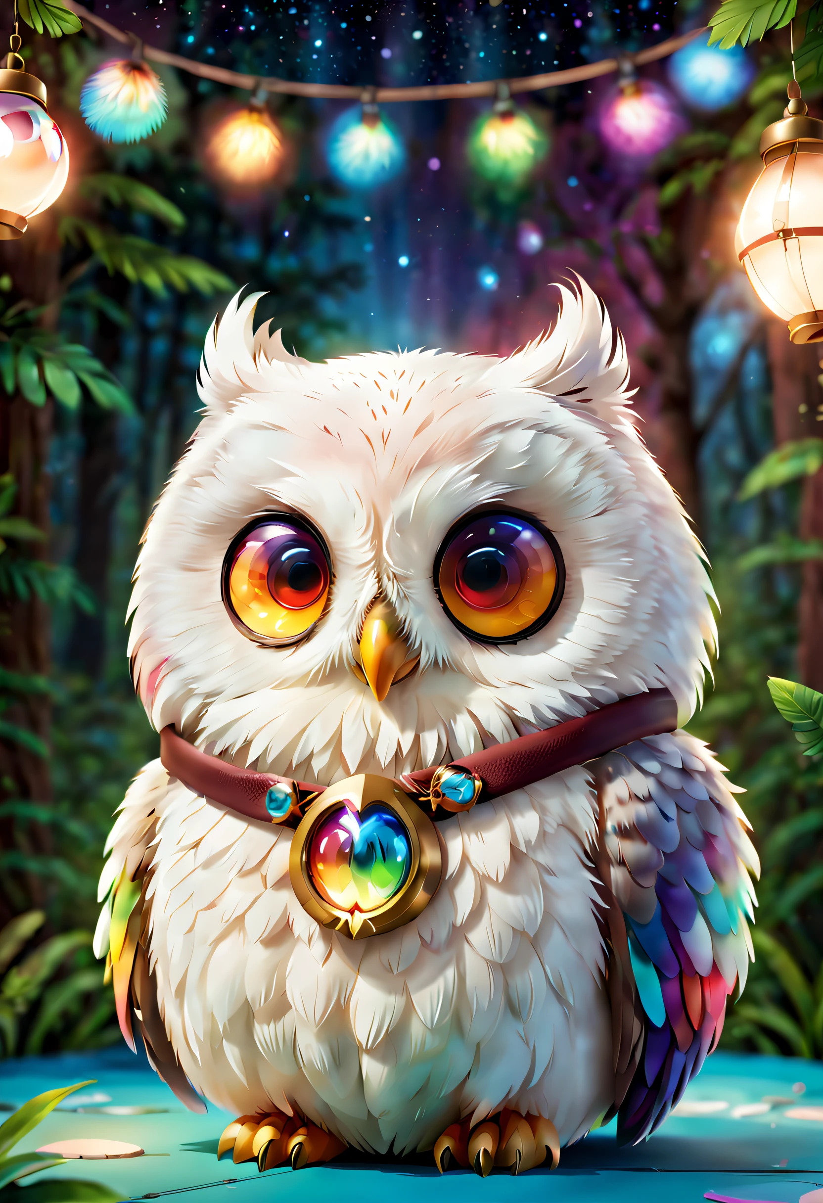 Cute white owl，with eyes of different colors，choker necklace， tchibi， Lovely and fluffy，cartoony， movie light effect， big breasts enchanting， vectorial art， Cute and quirky， Fantasyart， bokeh， handpainted， digitial painting， gentle illumination， Isometric style， 4K 分辨率， photoreal render， High level of detail clean， Vector Image， Photorealistic masterpiece， professional photoshooting， simple space background， flat white background， isometry，vibrant vector，a owl in party Animals style