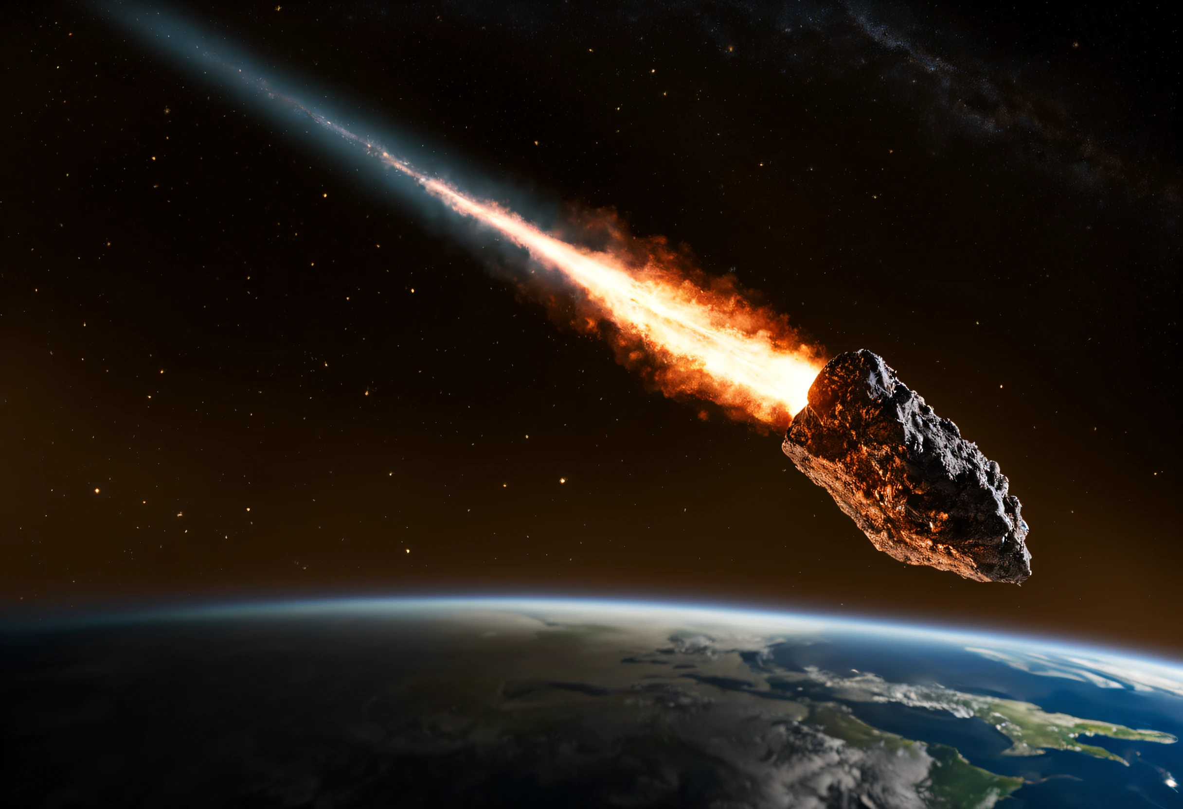 Professional astronomy photograph of a meteorite (a meteorite approaches planet Earth: 1.45), leaves a trail of fire behind it, scene taken from a movie, image awarded by National Geographic magazine.