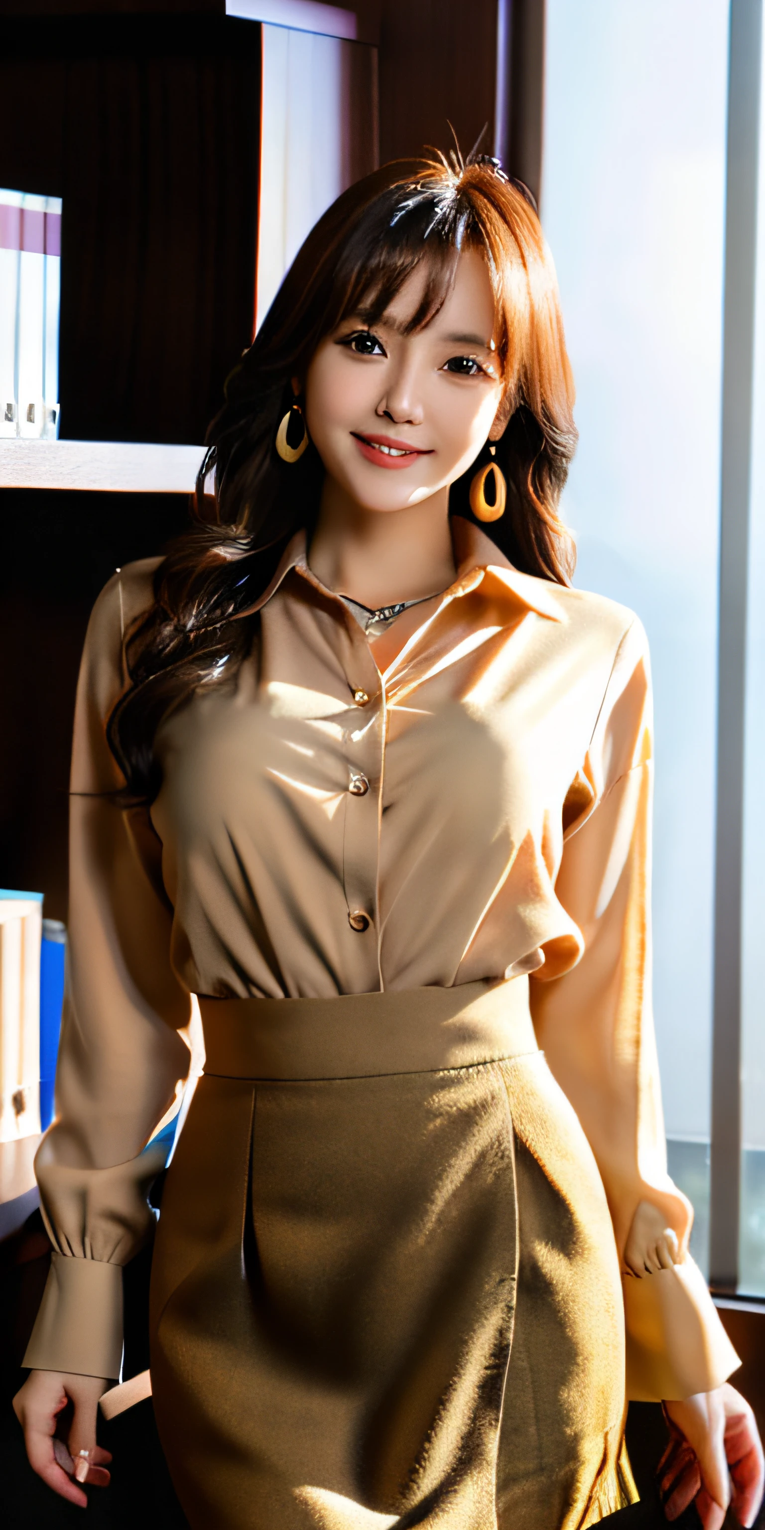 Photorealistic:1.3, masutepiece, Best Quality, ((1 beautiful woman)), ((Brown-colored super long hair:1.2)),japanes, Office Worker, He is smiling with his mouth slightly open, Slender Abs, medium chest, In a brown blouse, Gold Necklace, ((Brown mini pleated skirt:1.2)), ((In the office)), Beautiful long legs, (Full body), ((FULL BODYSHOT)),Beautiful face, Beautiful eyes, Detailed face, Detailed eyes, in a office, 8K resolution、FULL BODYSHOT