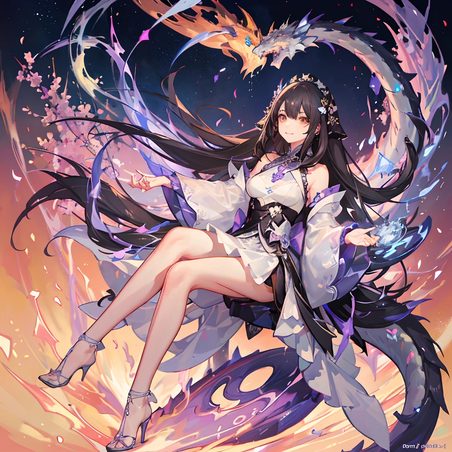 Infinity, mandalas, glinting, Girl with black hair and sparkling smile in a lilac outfit ,small tits , Brown eyes , Beyond the girl looking up, Infinite Mandala Art、Beside it、There is one white dragon with a gentle face Rainbow