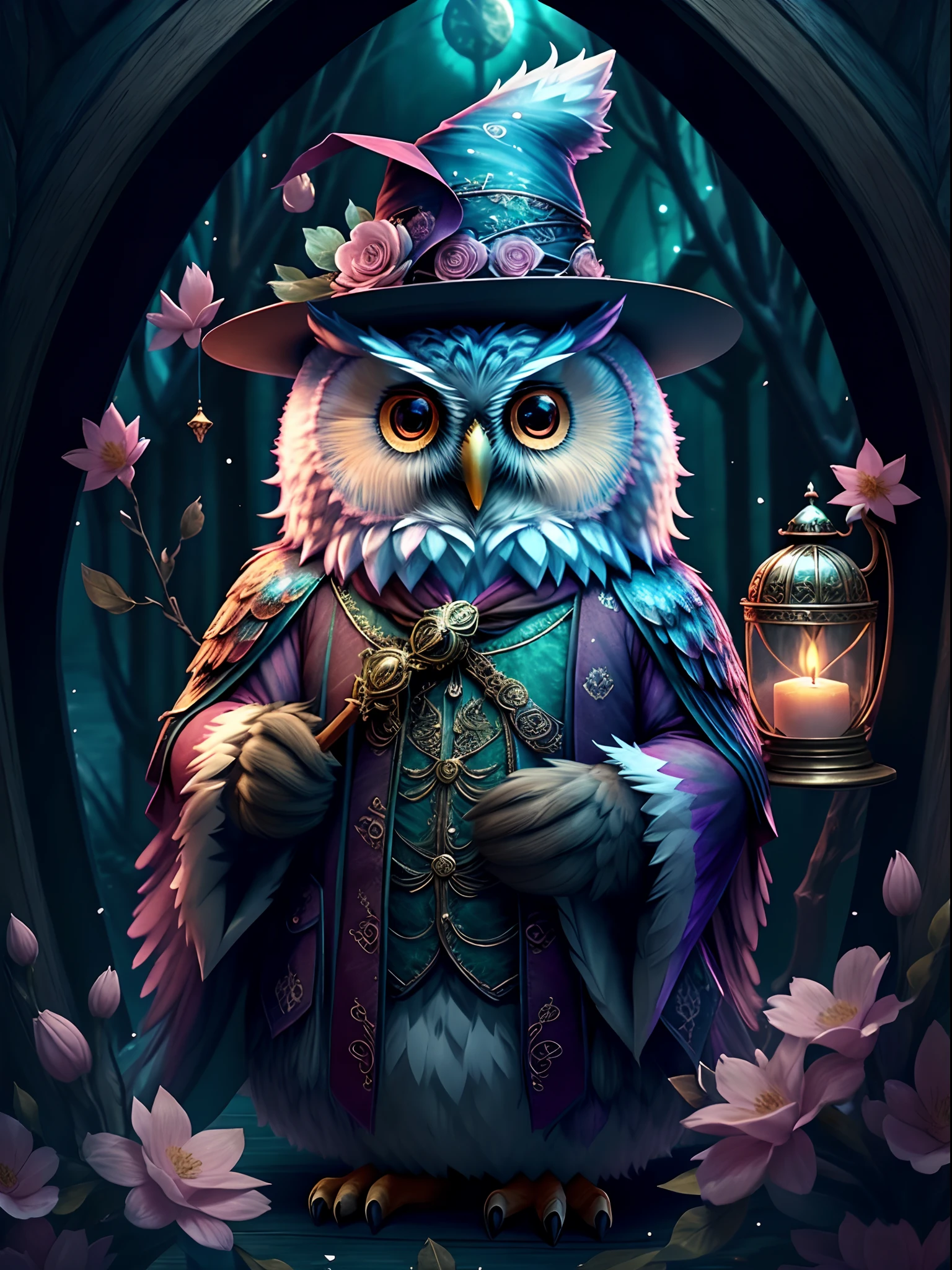 A mysterious owl at Hogwarts School of Witchcraft and Wizardry,Wearing a mage's robes,Wearing a pointed hat,Teaching with a wand,Full of magic and aura,Chubby cute,pink back ground,fresh flowers,vases,dream magical,Open-mouthed,ssmile,Furry art,elokitty,Disney's Owl,disney stylized furry,Ear floating,Fluffy feathers,Fluffy,themoon,yang08k