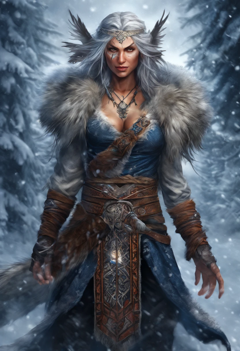 (best quality,4k,8k,highres,masterpiece:1.2),ultra-detailed,(realistic,photorealistic,photo-realistic:1.37),white haired scraggly tattooed female viking shaman,has blue glowing tattoos,illustration,ancient,fierce expression,weathered face,blue war paint,body covered in intricate tattoos,sharp facial features,muscular build,wielding a magical staff,glowing runes,standing in a snowy landscape,snow falling gently from the sky,blizzard in the distance,fur cloak flowing in the wind,determined posture,ice crystals forming on her bare chest,vibrant colors,powerful aura,mythical creatures in the background,capturing a moment of her summoning the forces of nature,exuding strength and wisdom.