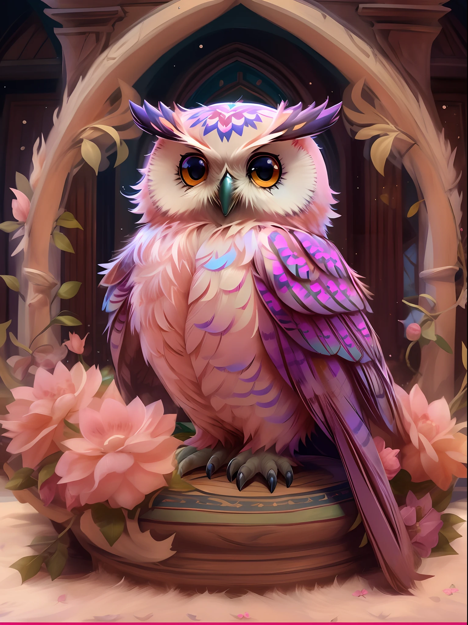 A mysterious owl at Hogwarts School of Witchcraft and Wizardry，Wearing a mage's robes，Wearing a pointed hat，Teaching with a wand，Full of magic and aura，Chubby cute，pink back ground，fresh flowers，vases，dream magical，Open-mouthed，ssmile，Furry art，elokitty，Disney's Owl，disney stylized furry，Ear floating，Fluffy feathers，Fluffy，themoon，yang08k