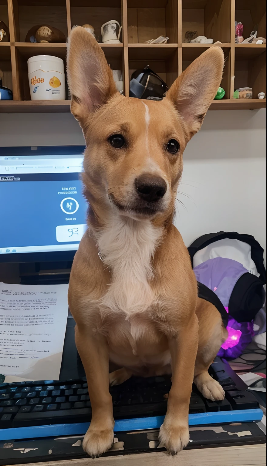 Cachorra caramelo sentada com as orelhas para cima