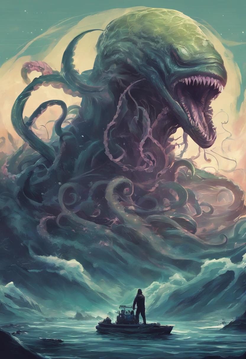 visual novel, alien tentacles,whales，Giant sea monster， Smilling, fantasy, DnD, lovecraftian