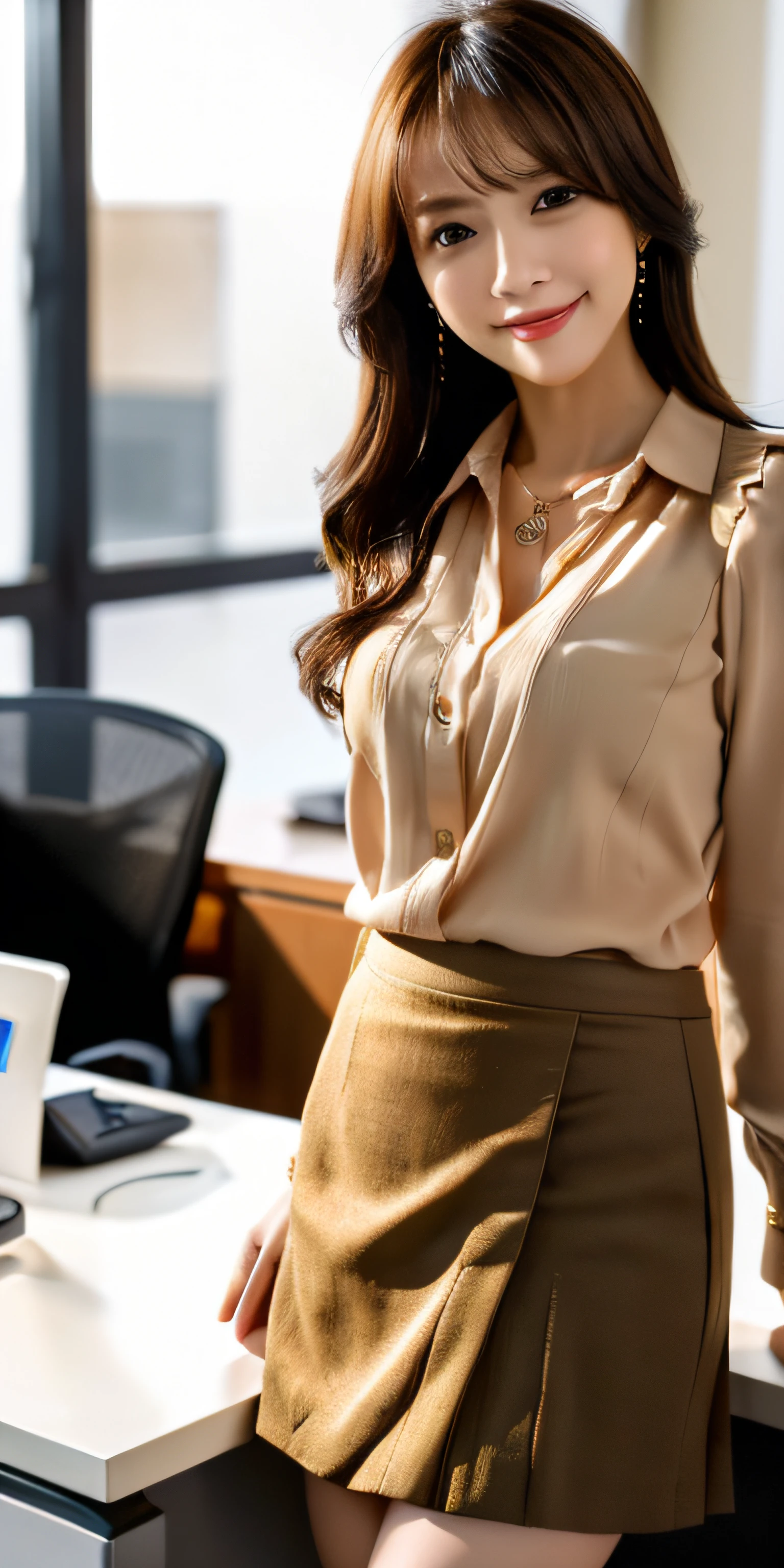 Photorealistic:1.3, masutepiece, Best Quality, ((1 beautiful woman)), ((Brown-colored super long hair:1.2)),japanes, Office Worker, He is smiling with his mouth slightly open, Slender Abs, medium chest, In a brown blouse, Gold Necklace, ((Brown mini pleated skirt:1.2)), ((In the office)), Beautiful long legs, (Full body), ((FULL BODYSHOT)),Beautiful face, Beautiful eyes, Detailed face, Detailed eyes, in a office, 8K resolution、FULL BODYSHOT