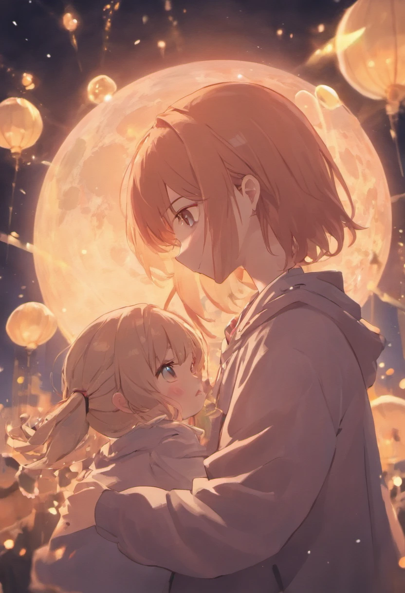 Teen couples ,the night,In pink,nature, Big moon all over the sky,Heart-shaped bubbles,Cartoony,Chubby little girl and little boy hugging each other,Glowing fireflies around,,Cute and cute,Glow effects,Dingdall effect,depth of fields,high light,Real light,Ray traching,oc rendered,Hyper-realistic,best qualtiy,8K,Works of masters,super-fine,Correct anatomy,sharp focus on eyes,Bokeh,Facial features are carefully depicted