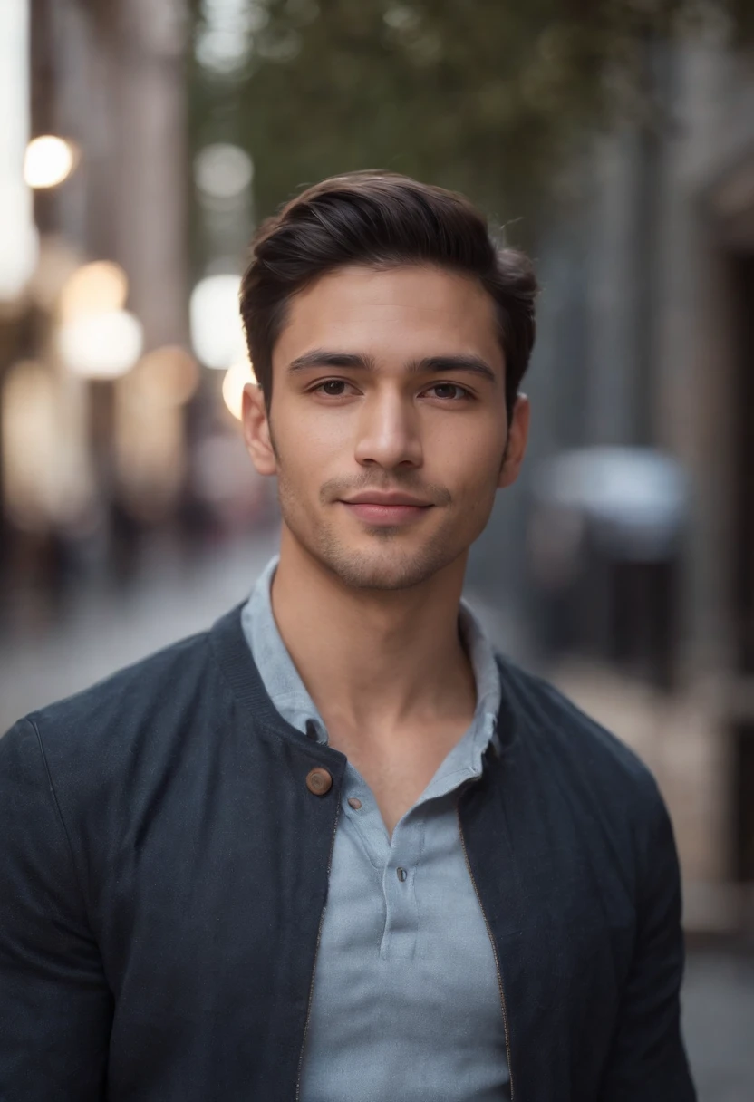 RAW photo, a portrait photo of 30 y.o oval face man in casual clothes, Camisa branca e jaqueta com gola、looking at the camera, hispanic, smiling, cheerful, black hair ,night, city street, (high detailed skin:1.2), 8k uhd, dslr, soft lighting, high quality, film grain, Fujifilm XT3