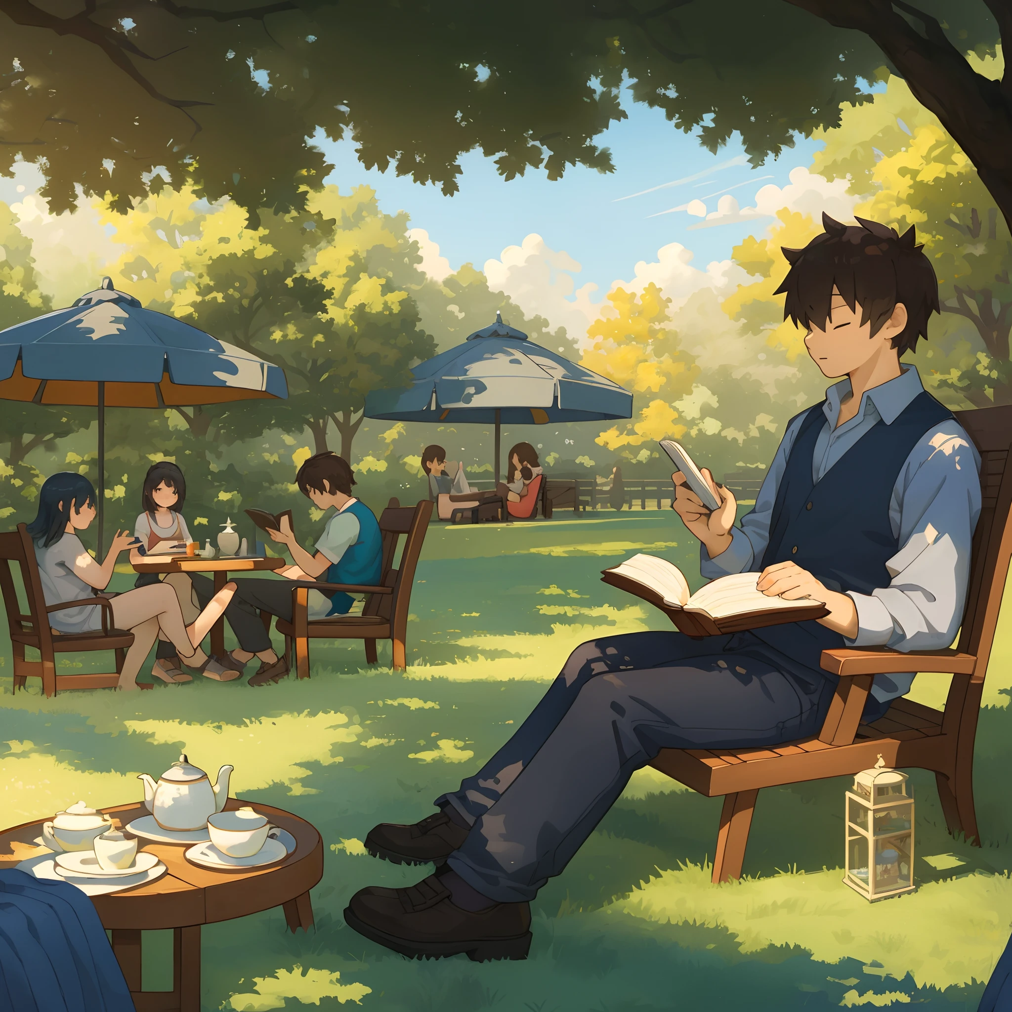 (masterpiece, top quality, best quality)fan-created illustration capturing a casual day in the life, relaxing in a in a dimly lit sunlit park, reading books and enjoying a peaceful afternoon tea, uitable for a fan-created work that could be shared on platforms like Pixiv or Twitter,