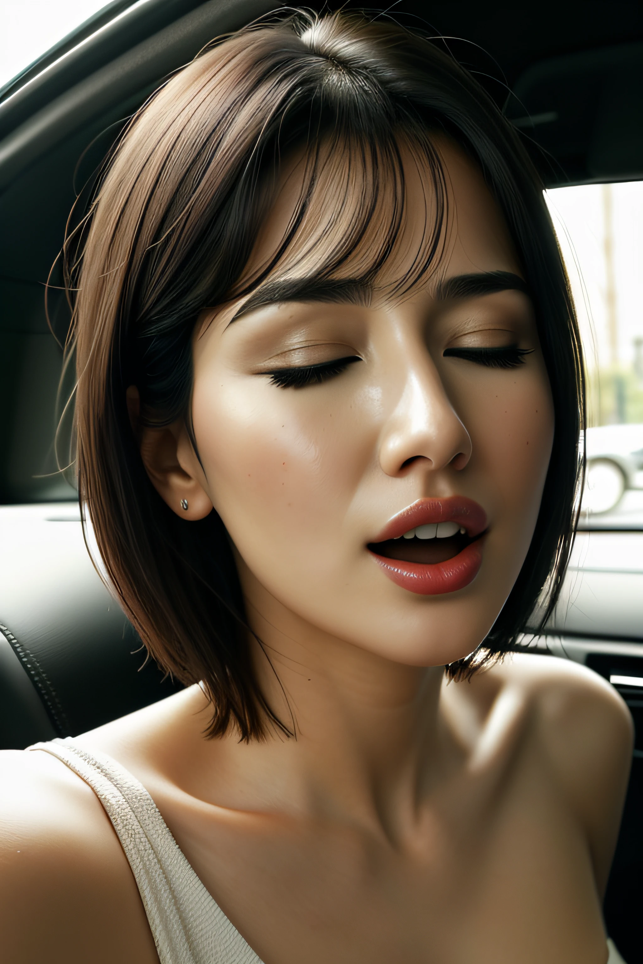 masutepiece,,award - winning photo, Extremely detailed, edgOrgasm,Face Focus, (Woman with mouth open and eyes closed ), 18year old、A dark-haired、CNN News Anchor、Glossy skin、inside of a car、Close-up of face,frombelow、Realistic nostrils、NSFW,short cut hair、