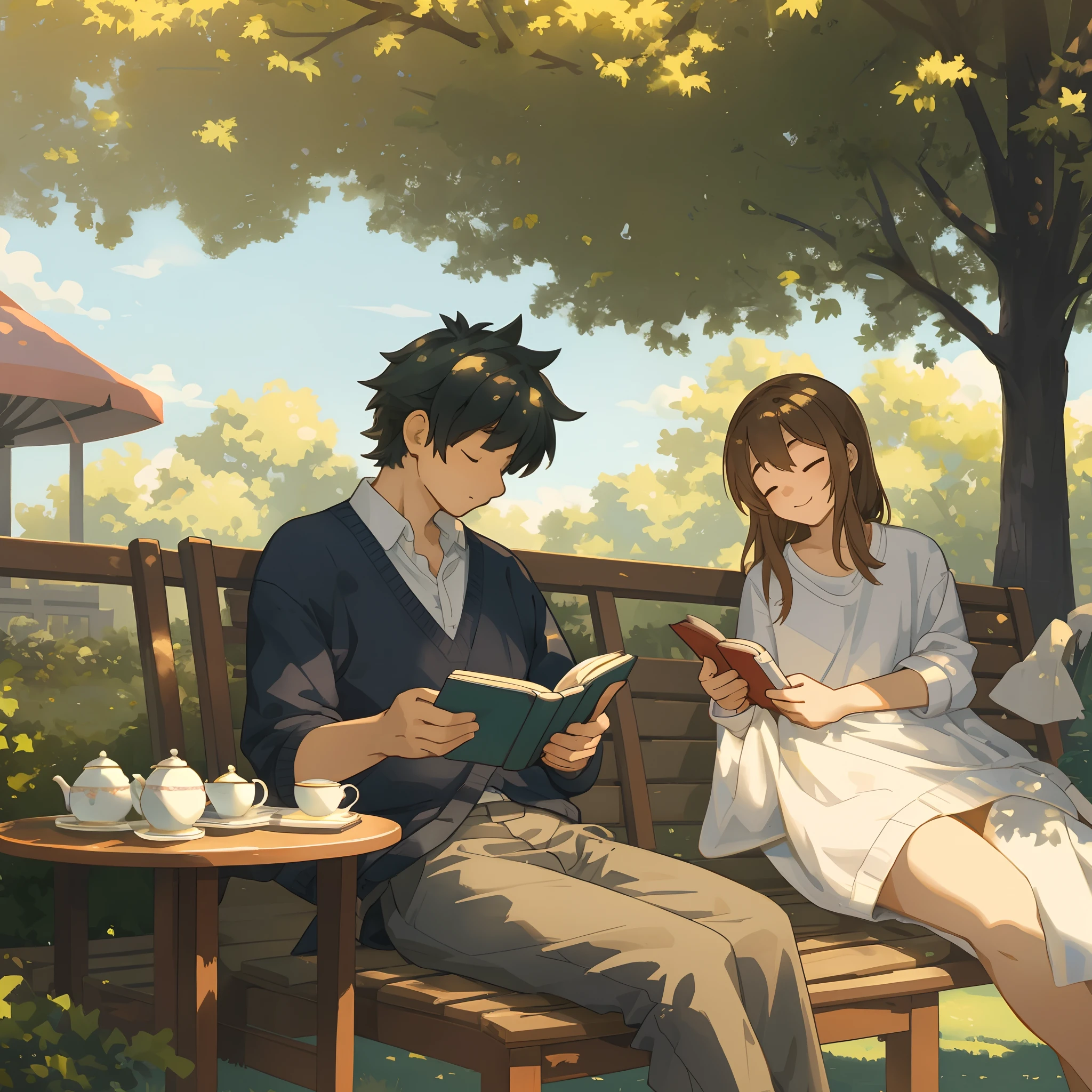 (masterpiece, top quality, best quality)fan-created illustration capturing a casual day in the life, relaxing in a in a dimly lit sunlit park, reading books and enjoying a peaceful afternoon tea, uitable for a fan-created work that could be shared on platforms like Pixiv or Twitter,