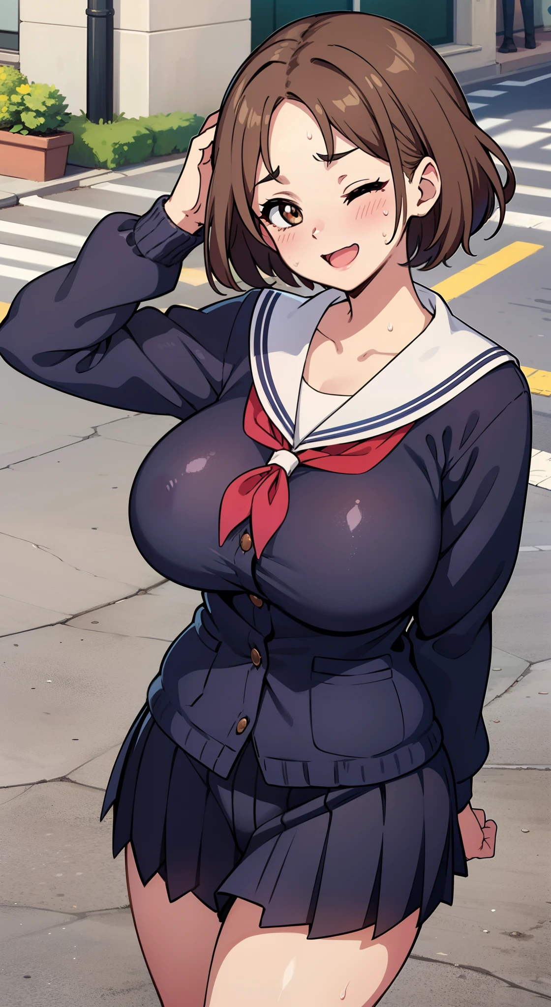 (a closeup、16 K、top-quality、high detailing、rich skin detail、nffsw)、NSFW、Watch everywhere、obedience、a matural female、:D、One eye is closed、Wavy mouth、(((very Bigger breasts)))、Parted bangs、School uniform、Navy blue pleated skirt、Cream cardigan、Pink Panties、brown haired、Brown-eyed、((short-hair))、(Forehead)、blushed、(big butts)、(thick thighs)、Sweat、In the street