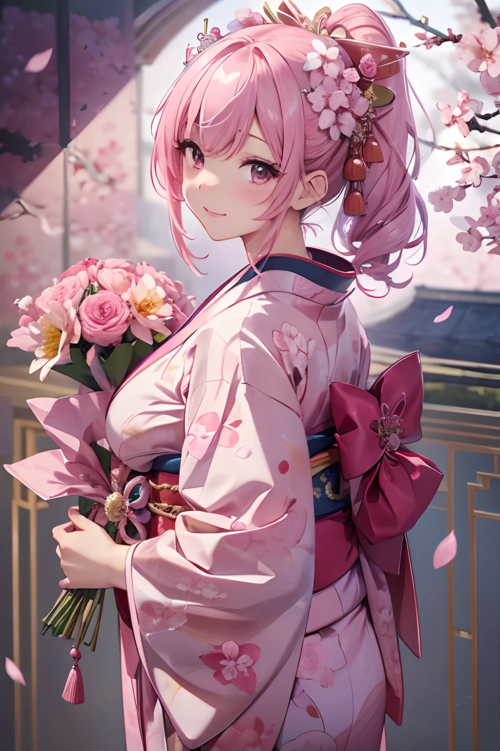 ((masterpiece1.5)),hyper quality, Hyper Detailed,Perfect drawing,1girl in,((Bigger breasts)),kawaii ,With smiling eyes,(((Beautiful pink kimono))),(((Pink luxury kimono)))、(Beautiful embroidery)。.3D,16K illustrations,((clearface)),Hi-Res,nice background、(((beatiful backgrounds)))、(((Detailed drawing)))、Perfect Beautiful Girl、(((Perfect Photo)))、kirakira、shiny、a gorgeous、high-class sense、(((Pink-haired)))、(((pink seduction background)))、(thin-waist)、top-quality、Red face、master piece,hyper quality, Hyper Detailed,Perfect drawing,。.。.3D,16K illustrations、Hi-Res、1 persons、japanaese girl、Pink-haired、poneyTail、Red ribbons、Cute even though her eyes are tight、(((luxury
kimono)))、(((With a wrapped bouquet)))、((Plum blossoms))、((peach blossoms))、((cherryblossom))、Back view、Detailed drawing、Best Quality, Capture super cute moments, depth of fields, ultra-detailliert, High resolution, C4D, Octadale, 。.3D Modeling, Delicate and detailed depiction、Shooting from the back diagonally below、((moonlights))、superclear、Full of charm.