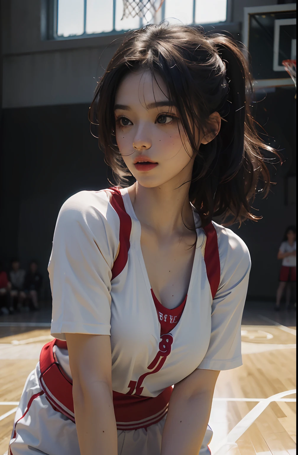 (RAW photo, 4k, masterpiece, high resolution, extremely complex) (realistic: 1.4), cinematic lighting
1 Girl, Solo Focus, Summer Noon, Hot, 1990s\(Style\), (Best Quality), (Highres), (an Extremely Delicate and Beautiful),,(Beautiful 8k face),(Brown eyes),(ulzzang-6500:1.0),(solo),(Looking side),( spectators),(large breasts),(NBA),bent over,,lookside,(side), ,(Basketball sportswear),((Play basketball)),((gymnasium)),((speed)),(reality),