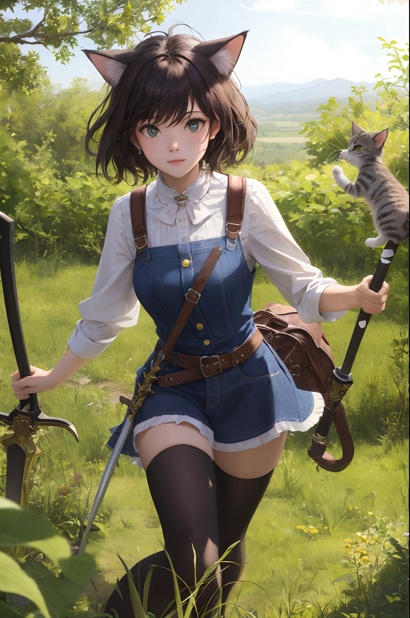 Kitten having an adventure adventurer cute little Tricolor cat Fantasia holding swords