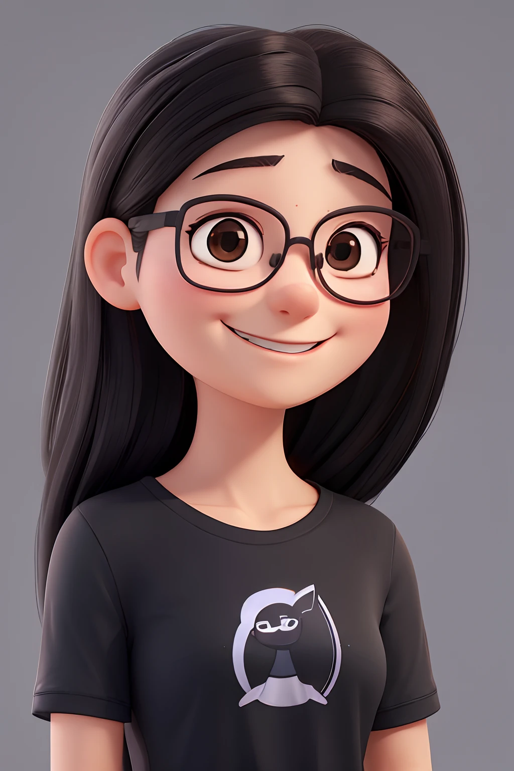 i want a drawing of 30 years old woman smiling, wearing clear glasses, black plain t-shirt, grey background, cute pose, long brown hair