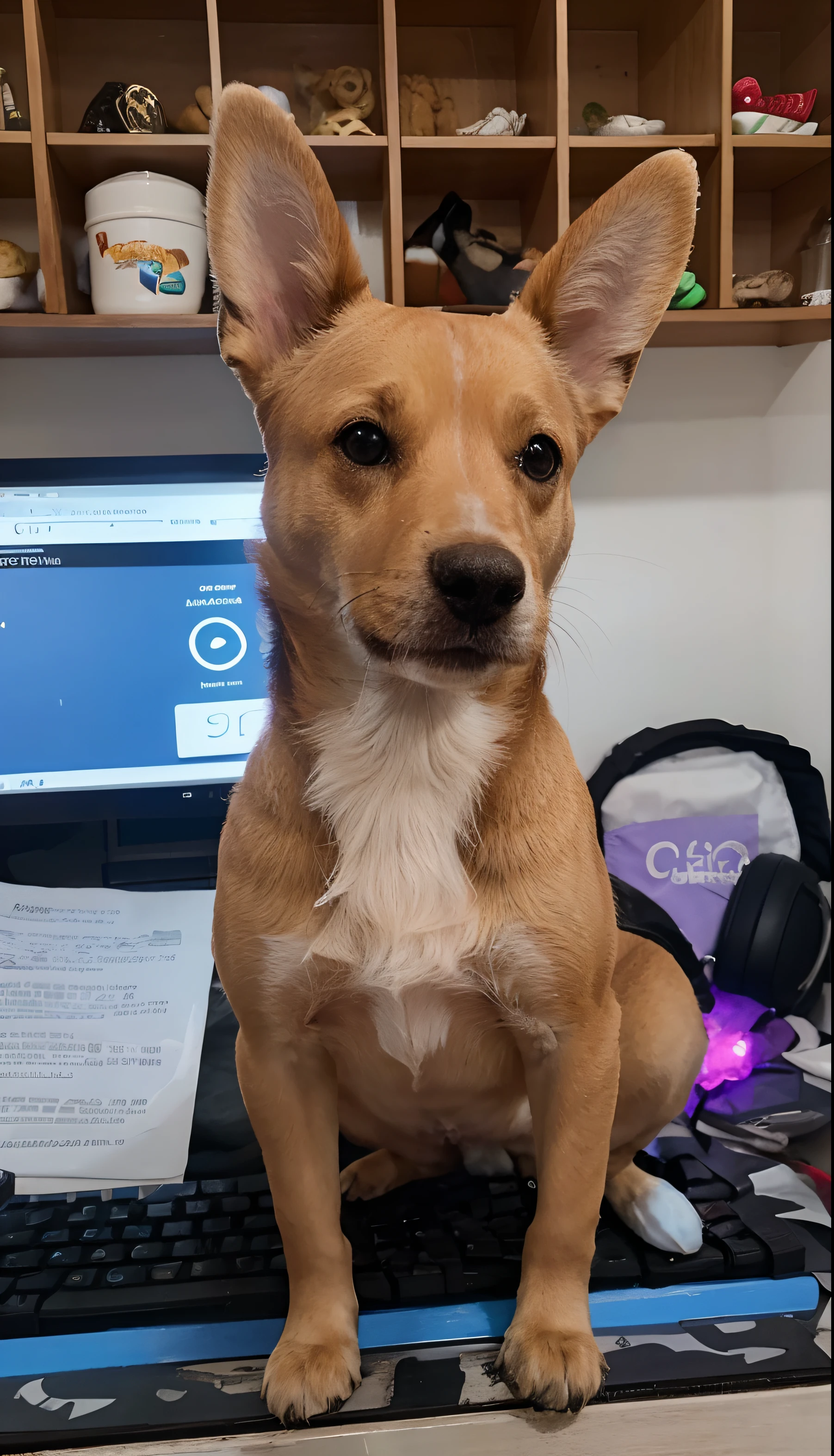 Cachorra caramelo sentada com as orelhas para cima
