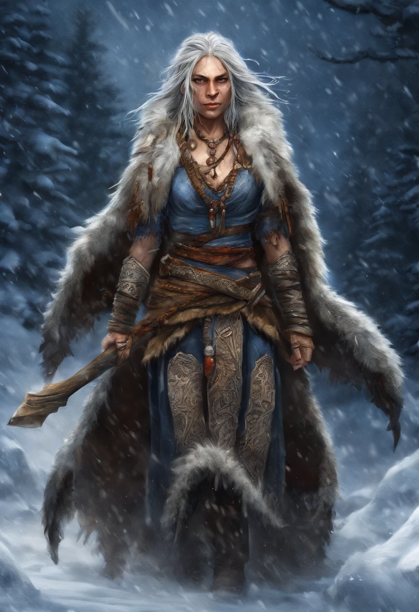 (best quality,4k,8k,highres,masterpiece:1.2),ultra-detailed,(realistic,photorealistic,photo-realistic:1.37),white haired scraggly tattooed female viking shaman,has blue glowing tattoos,illustration,ancient,fierce expression,weathered face,blue war paint,body covered in intricate tattoos,sharp facial features,muscular build,wielding a magical staff,glowing runes,standing in a snowy landscape,snow falling gently from the sky,blizzard in the distance,fur cloak flowing in the wind,determined posture,ice crystals forming on her bare chest,vibrant colors,powerful aura,mythical creatures in the background,capturing a moment of her summoning the forces of nature,exuding strength and wisdom.