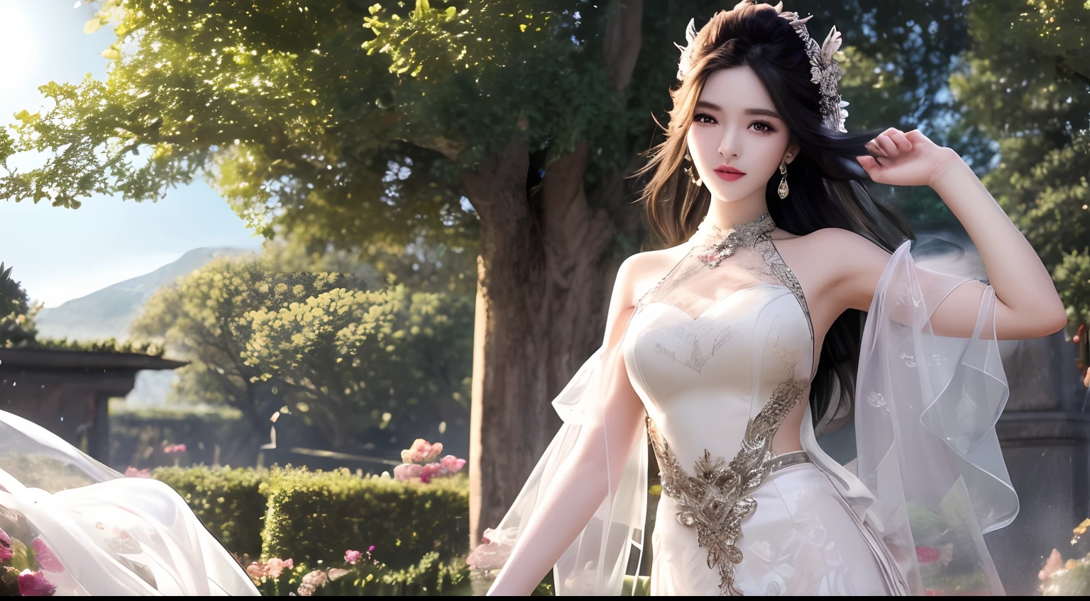 Enter the world of high fashion with a model draped in Dior, her form surrounded by a swarm of butterflies in a sunny meadow. This vibrant and dynamic extra-long shot for Vogue by Jamie Hawkesworth blends fashion with the pure beauty of nature  --ar 5:7 50 --s 2