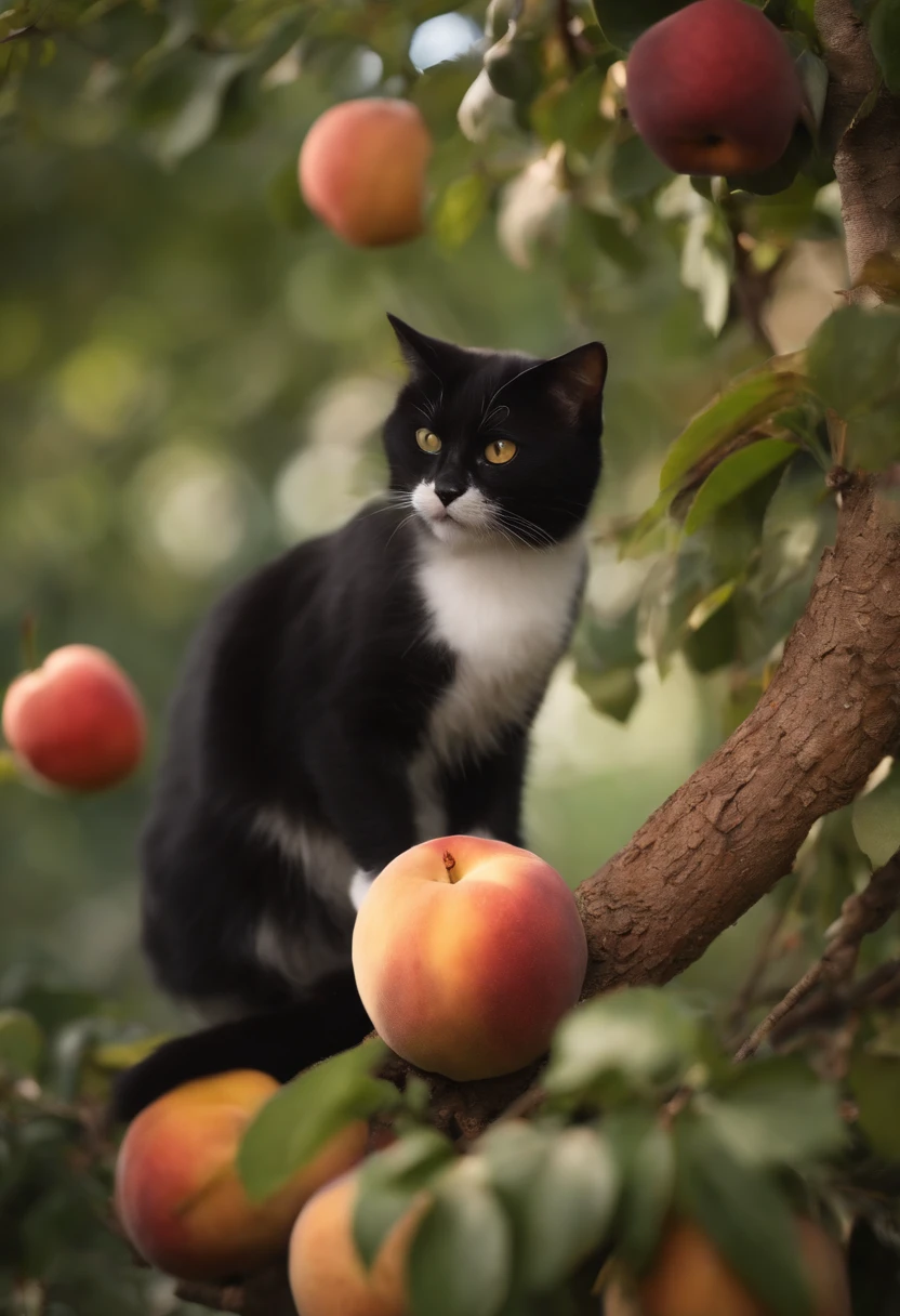 There is a cat sitting on a tree with fruit, 🍁 Cute, in a tree, next to a tree, r/ohwx, 🐿🍸🍋, ohwx, Perched on a tree, Hanging from a tree, on a tree, Cool the leaves, Choosing apples from a tree, she is easting a peach, sitting in a tree