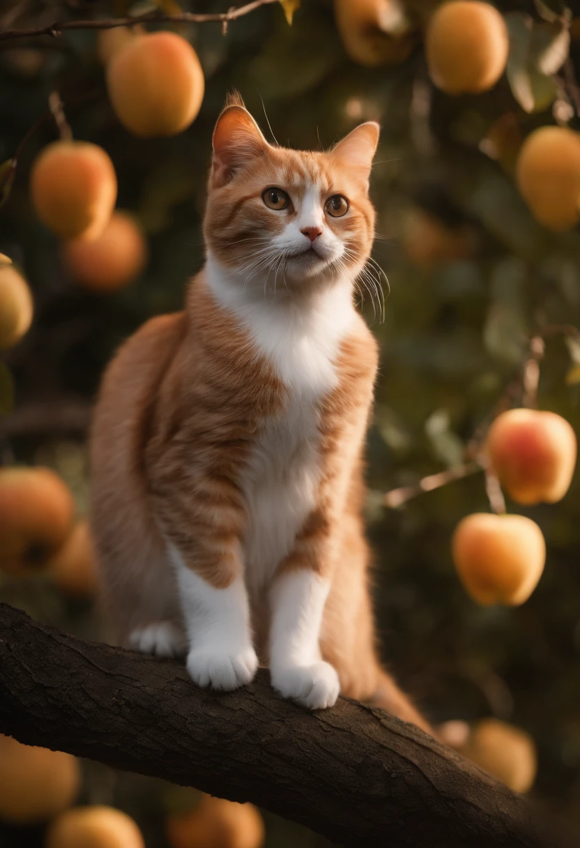 There is a cat sitting on a tree with fruit, 🍁 Cute, in a tree, next to a tree, r/ohwx, 🐿🍸🍋, ohwx, Perched on a tree, Hanging from a tree, on a tree, Cool the leaves, Choosing apples from a tree, she is easting a peach, sitting in a tree