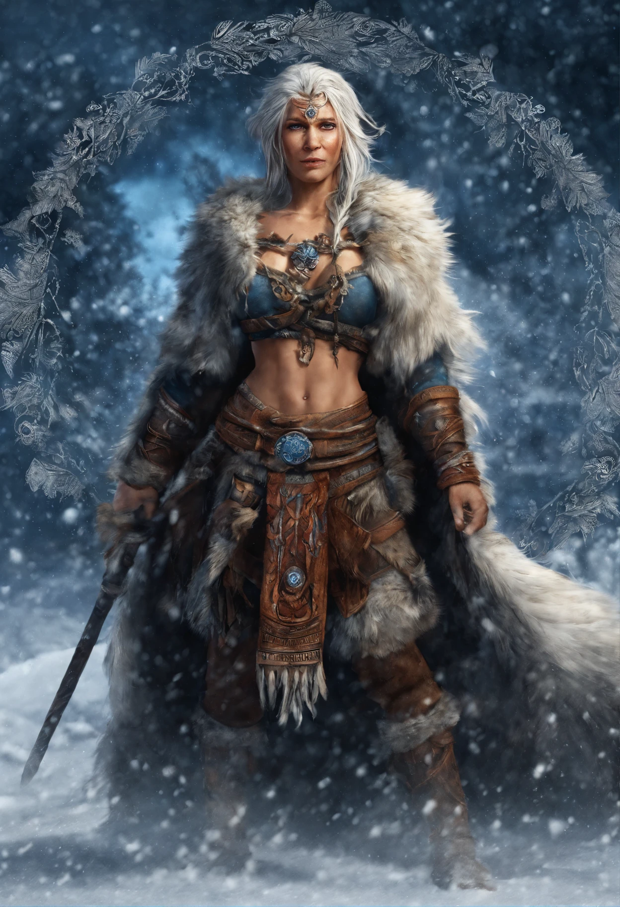 (best quality,4k,8k,highres,masterpiece:1.2),ultra-detailed,(realistic,photorealistic,photo-realistic:1.37),white haired scraggly tattooed female viking shaman,has blue glowing tattoos,illustration,ancient,fierce expression,weathered face,blue war paint,body covered in intricate tattoos,sharp facial features,muscular build,wielding a magical staff,glowing runes,standing in a snowy landscape,snow falling gently from the sky,blizzard in the distance,fur cloak flowing in the wind,determined posture,ice crystals forming on her bare chest,vibrant colors,powerful aura,mythical creatures in the background,capturing a moment of her summoning the forces of nature,exuding strength and wisdom.