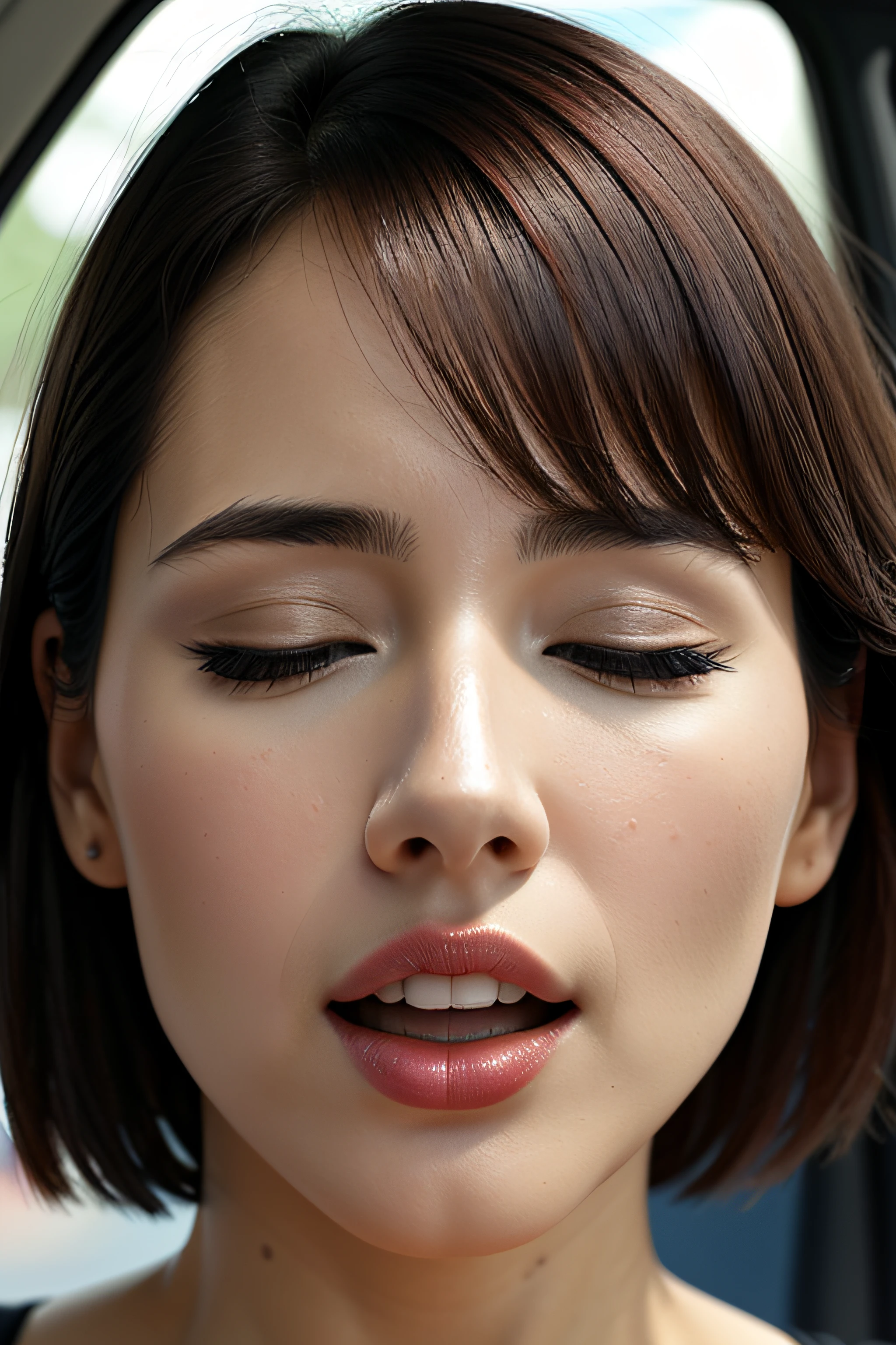 Tabletop,Awards - Winning Photos, Very detailed, Edge Orgasm, Woman with open mouth and closed eyes , Skin shiny with sweat、Lighting that highlights the shine of sweat{{{Spread the word }}}, Black-haired、Browsing Caution,{{{{A large male audience}}}},(Realistic C-shaped elongated nostrils)、Symmetrical nostrils,Dark Gray Background,(((Face close-up)))