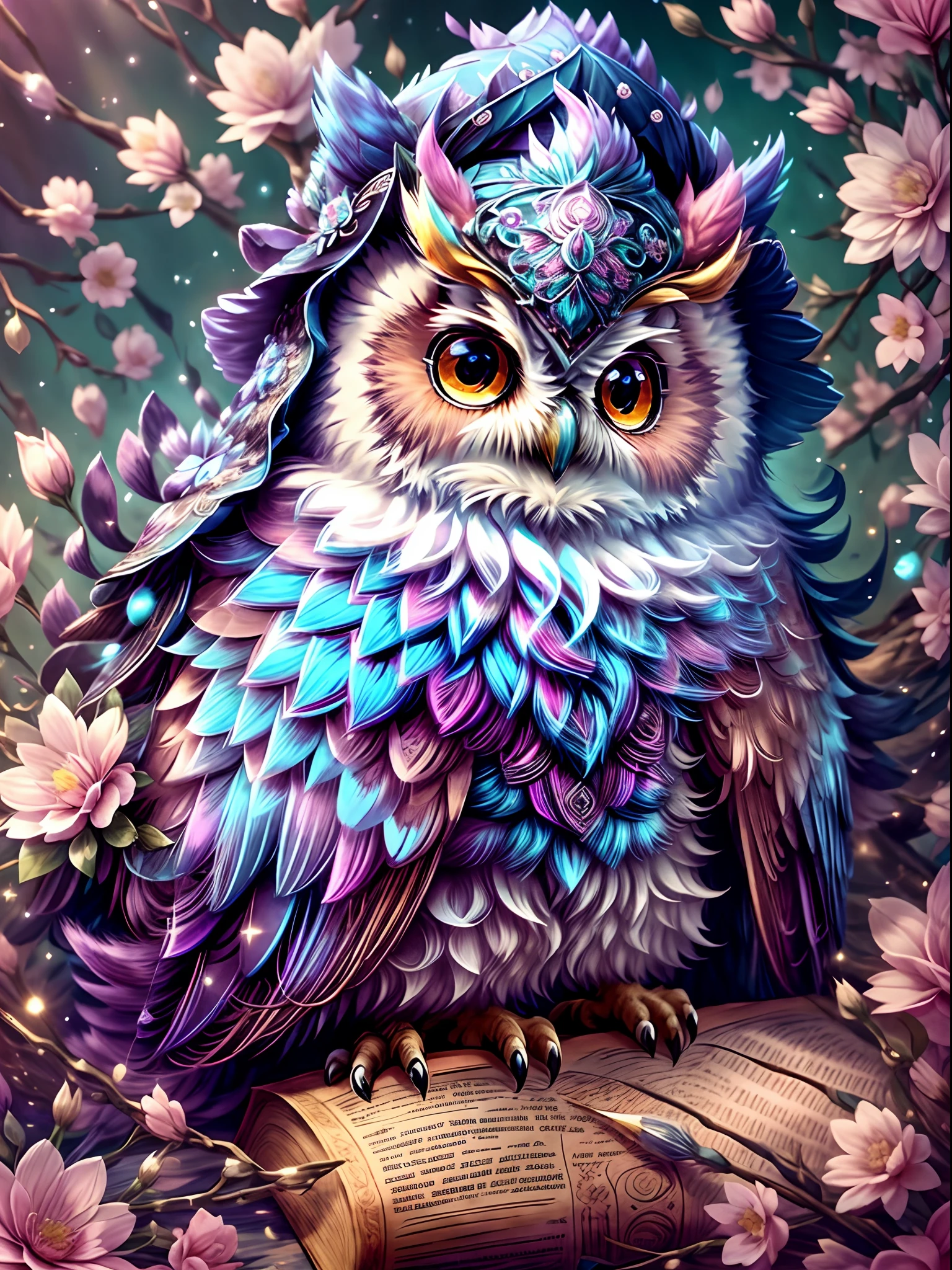 A mysterious owl at Hogwarts School of Witchcraft and Wizardry，Wearing a mage's robes，Wearing a pointed hat，Teaching with a wand，Full of magic and aura，Chubby cute，pink back ground，fresh flowers，vases，dream magical，Open-mouthed，ssmile，Furry art，elokitty，Disney's Owl，disney stylized furry，Ear floating，Fluffy feathers，Fluffy，themoon，yang08k