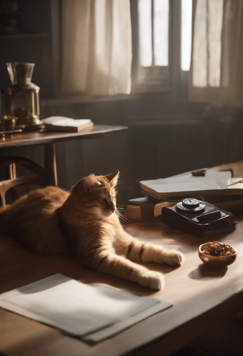 There is a cat lying on the table with its paws on the desk, showing his paws to viewer, she is laying on her back, Fat cat on the desk, thick fluffy tail, he is very relaxed, Beautiful cat paws, Sitting on a table, cat on the table, fluffy tail, her foot sticking out, sitting on top a table