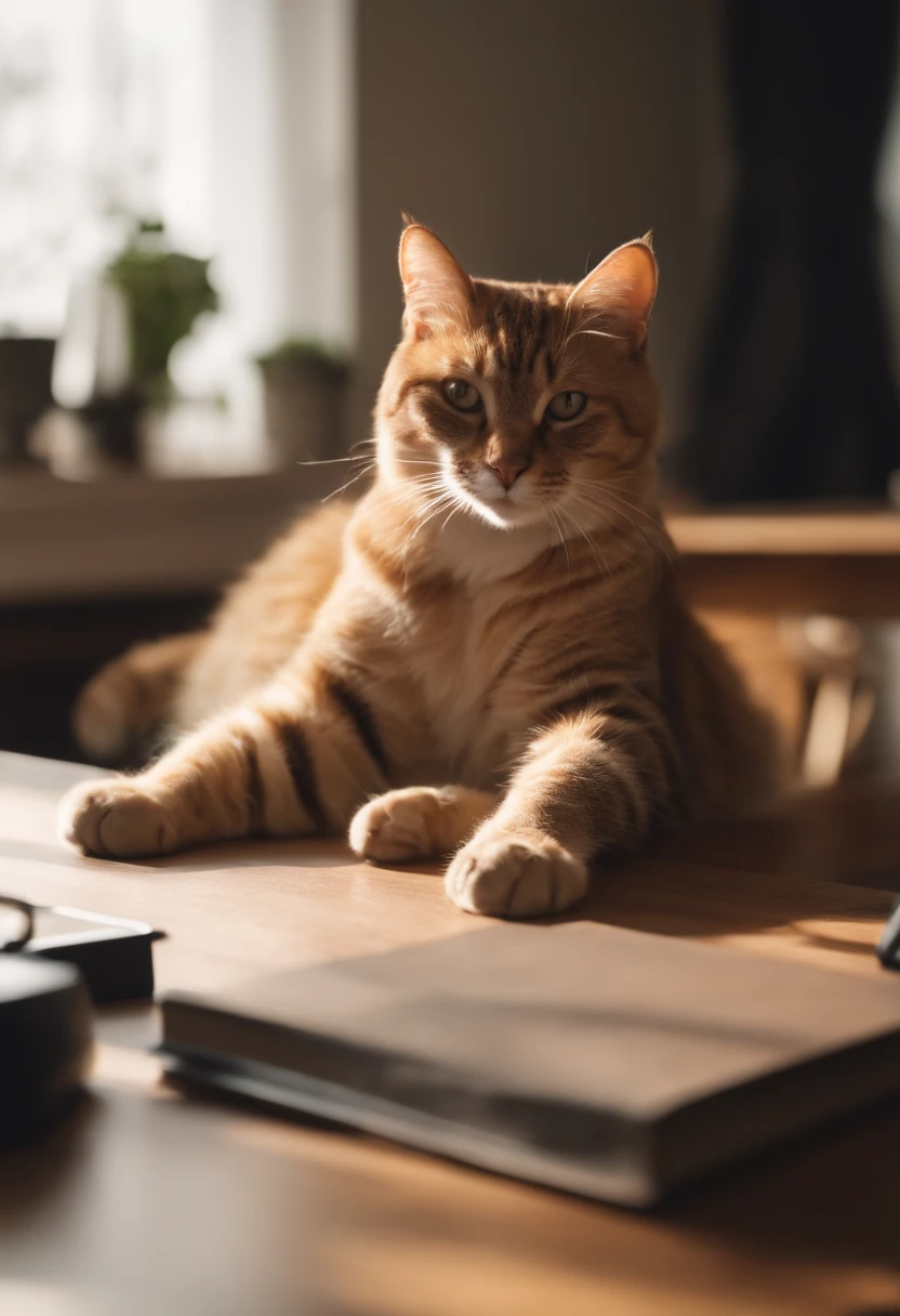 There is a cat lying on the table with its paws on the desk, showing his paws to viewer, she is laying on her back, Fat cat on the desk, thick fluffy tail, he is very relaxed, Beautiful cat paws, Sitting on a table, cat on the table, fluffy tail, her foot sticking out, sitting on top a table