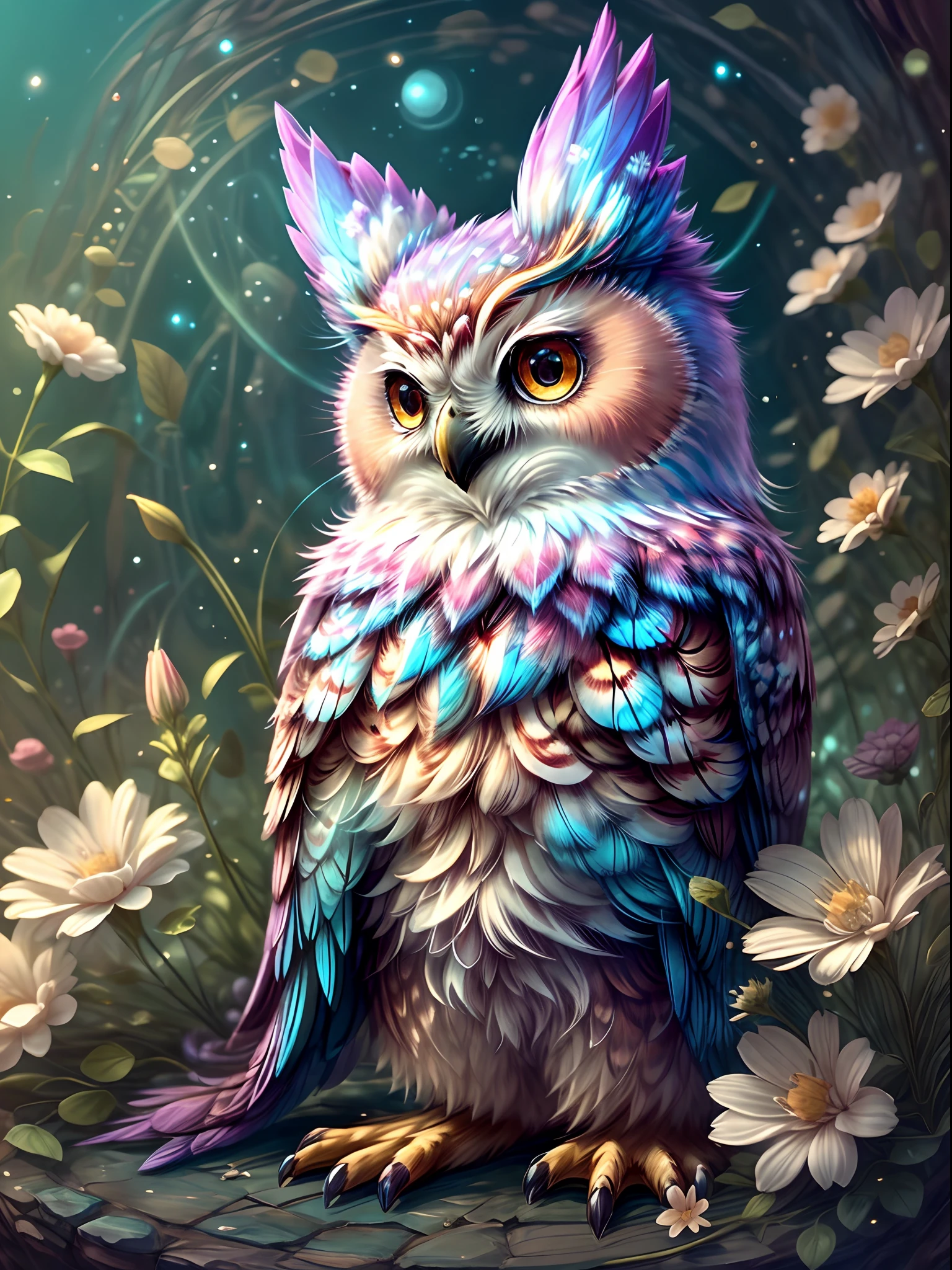 A mysterious owl at Hogwarts School of Witchcraft and Wizardry,Wearing a mage's robes,Wearing a pointed hat,Teaching with a wand,Full of magic and aura,Chubby cute,pink back ground,fresh flowers,vases,dream magical,Open-mouthed,ssmile,Furry art,elokitty,Disney's Owl,disney stylized furry,Ear floating,Fluffy feathers,Fluffy,themoon,yang08k