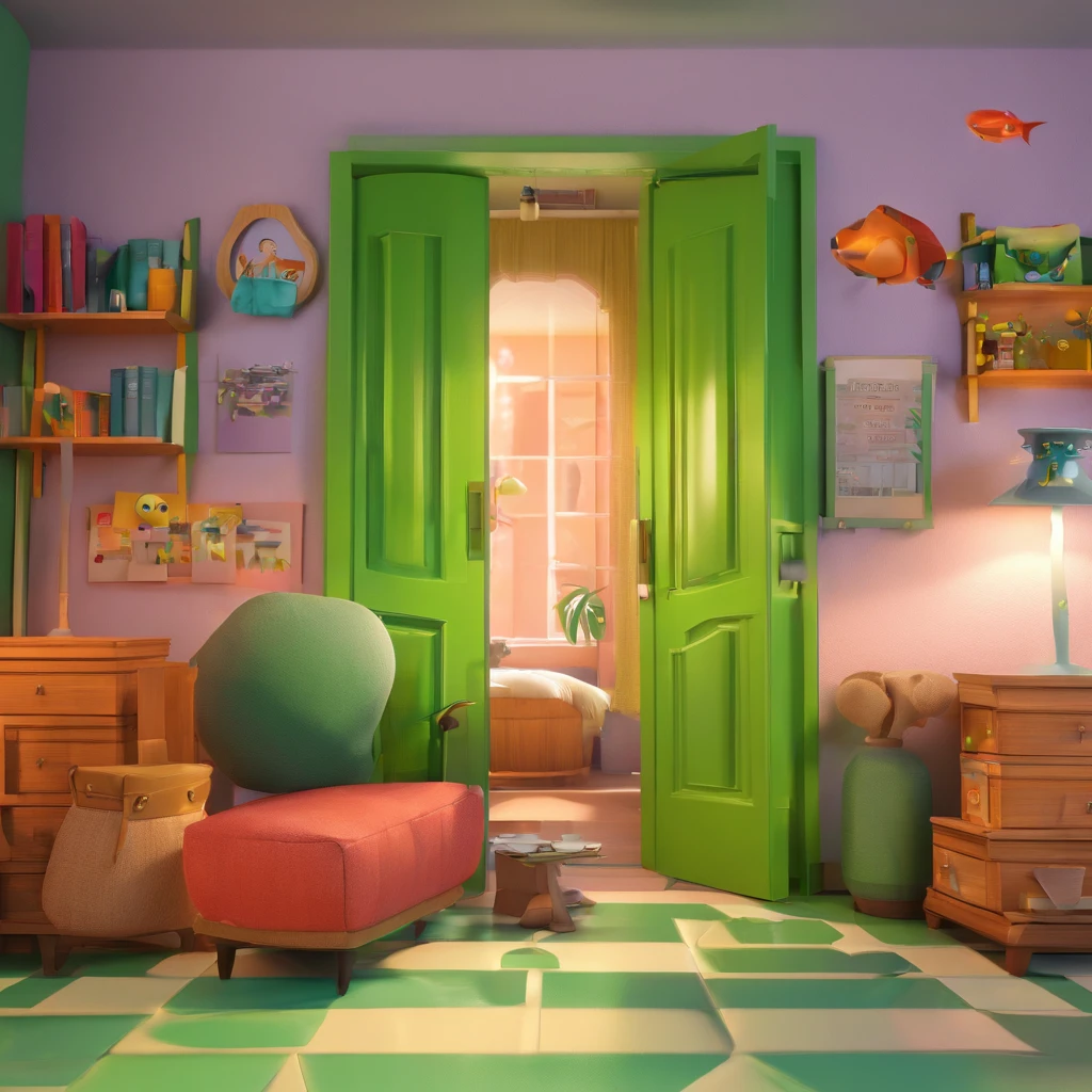 create a 3D movie poster inspired by Disney Pixar, The scene is supposed to be a psychology office in Pixar's signature digital art style, com uma imagem caricatural de uma mulher de 40 anos morena com olhos castanhos e cabelos da cor chocolate, segurando uma prancheta e caneta, usando um vestido verde.