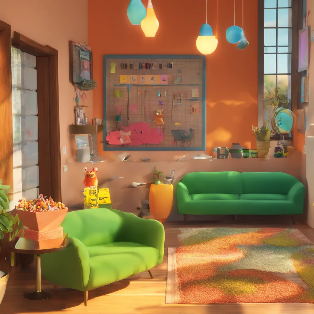 create a 3D movie poster inspired by Disney Pixar, The scene is supposed to be a psychology office in Pixar's signature digital art style, com uma imagem caricatural de uma mulher de 40 anos morena com olhos castanhos e cabelos da cor chocolate, segurando uma prancheta e caneta, usando um vestido verde.